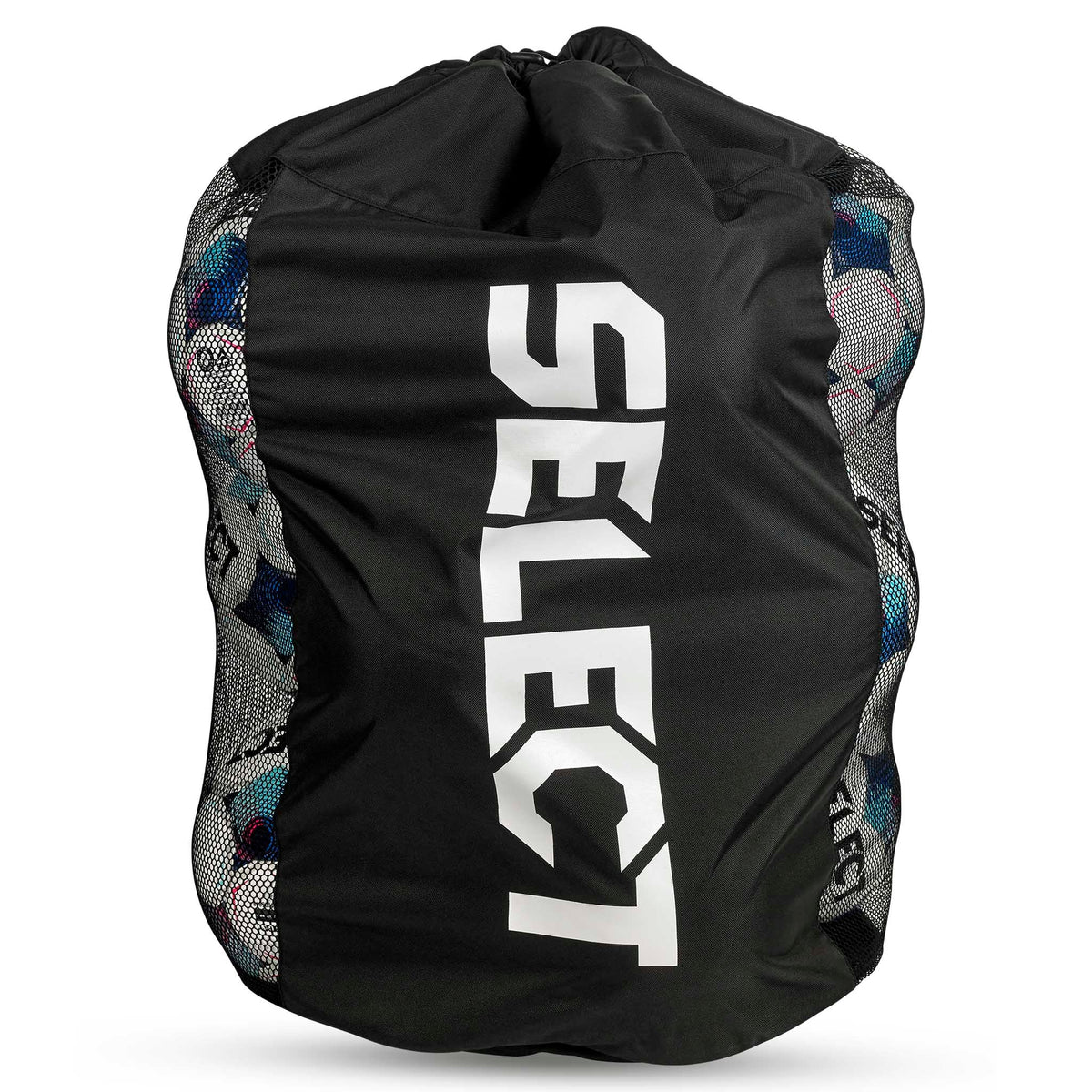Forside av svart Football bag Select 10-12 balls v26, sportsbag med hvit logo og meshsider