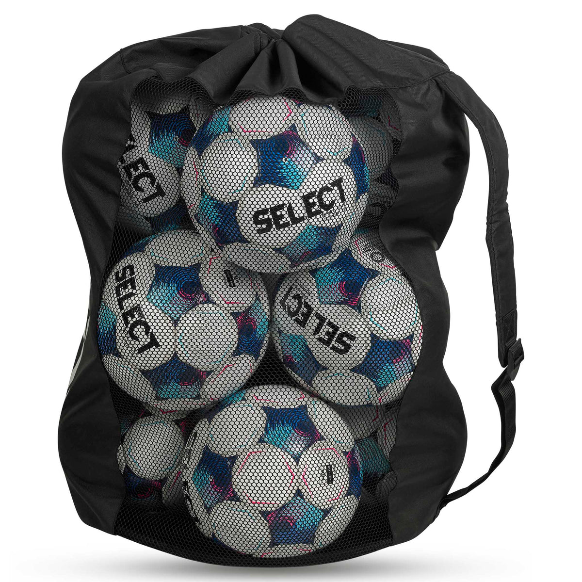 Svart Fotballbag Select 10-12 baller v26, sportsbager, høyre side, fylt med fotballer