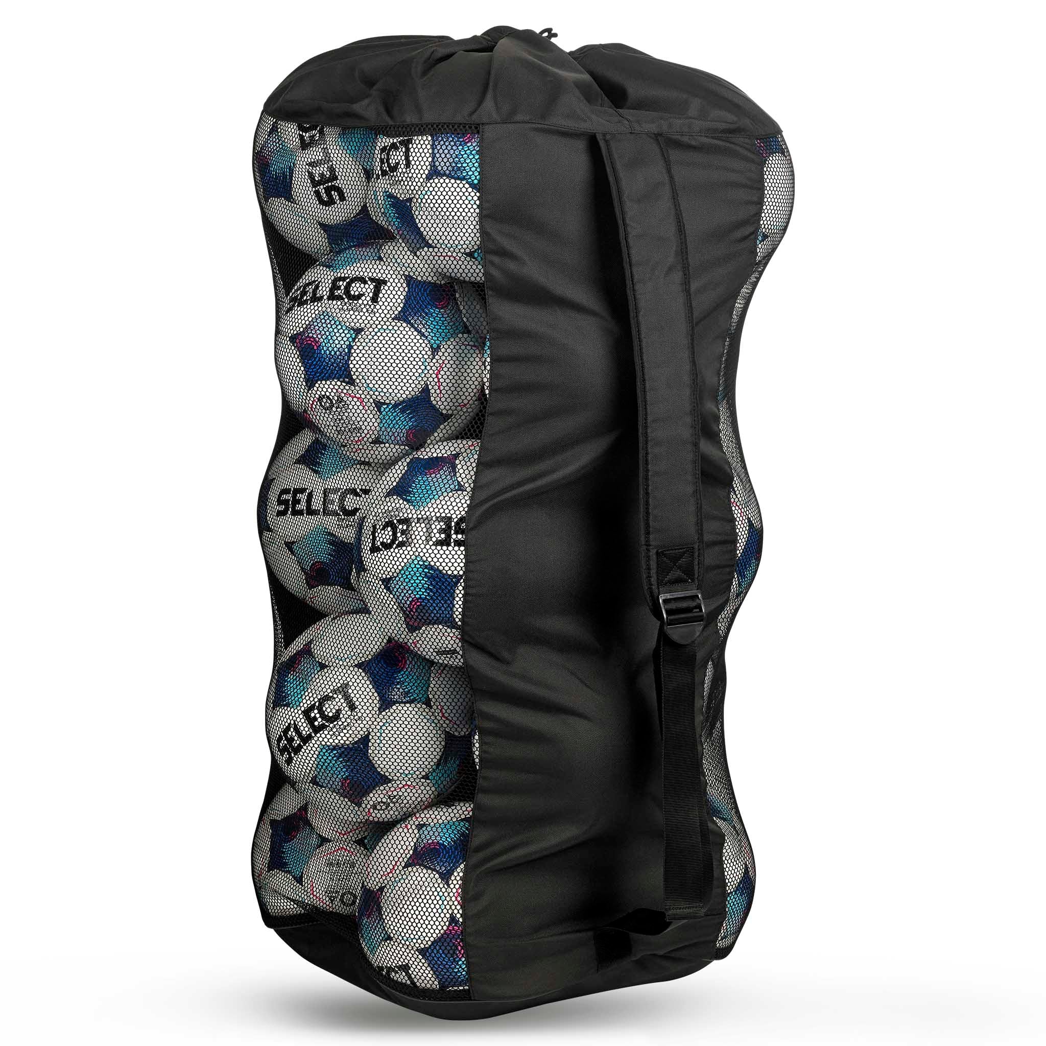 Bakside av sort Fotballbag Select 18-20 baller v26 fra Sportsbager, meshsider viser hvite og blå baller.