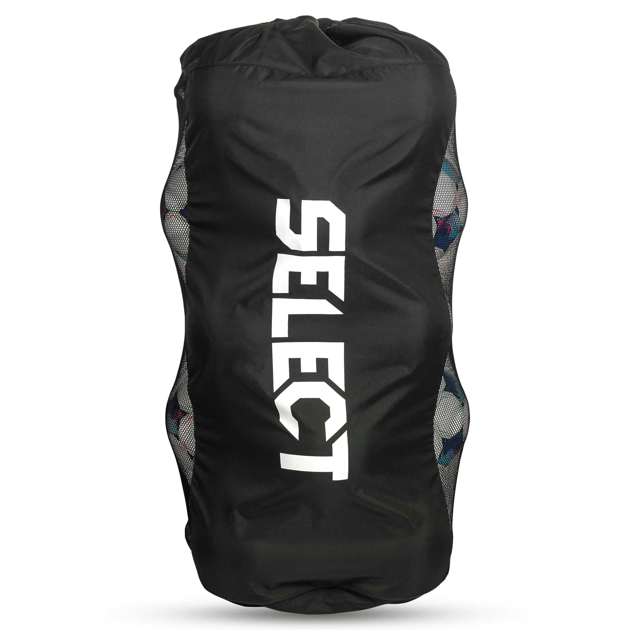 Forside av sort Football bag Select 18-20 balls v26 med hvit logo og mesh-sider med baller — Sportsbager.