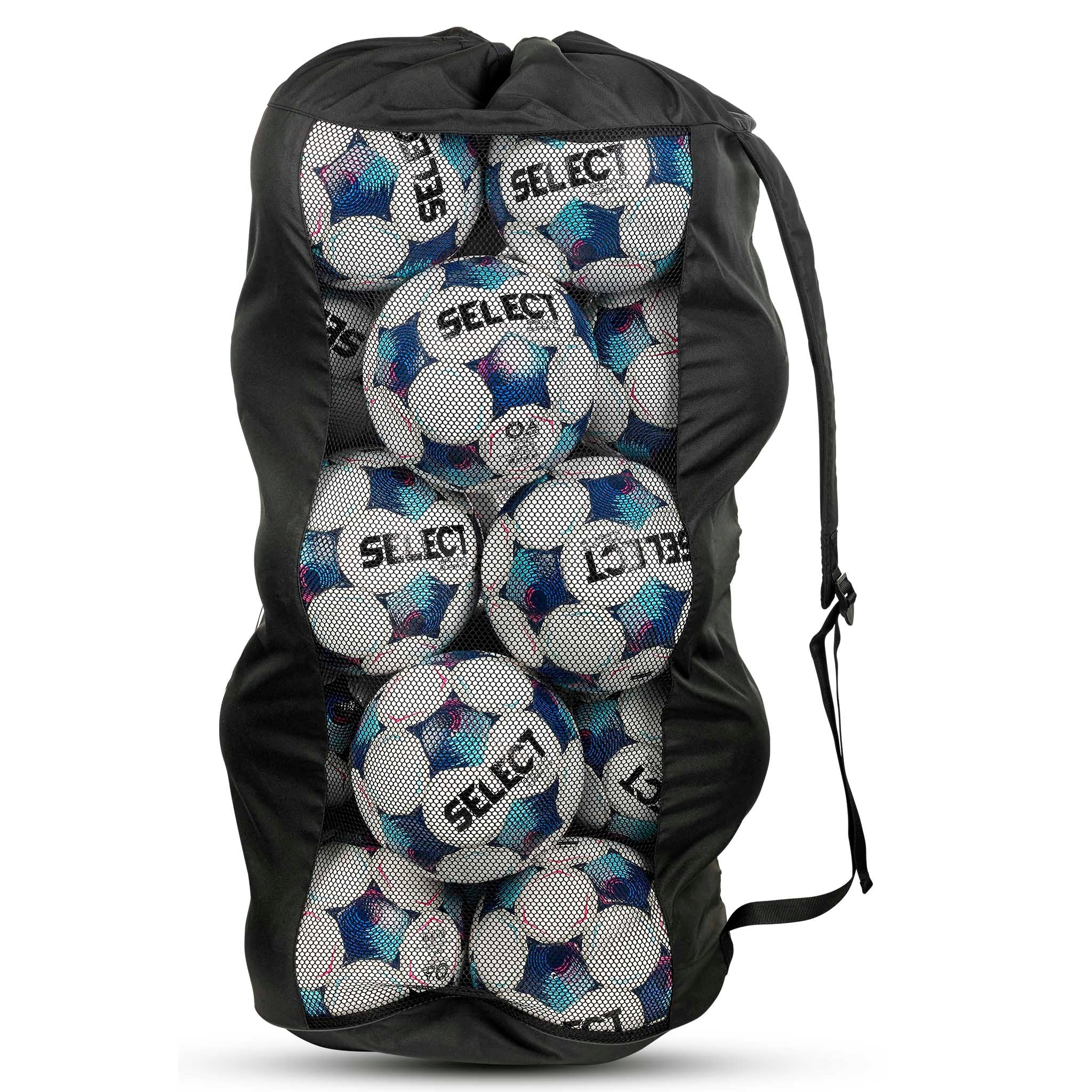 Høyre side av sort Fotballbag Select 18-20 baller v26 fra Sportsbager, fylt med hvite og blå fotballer.