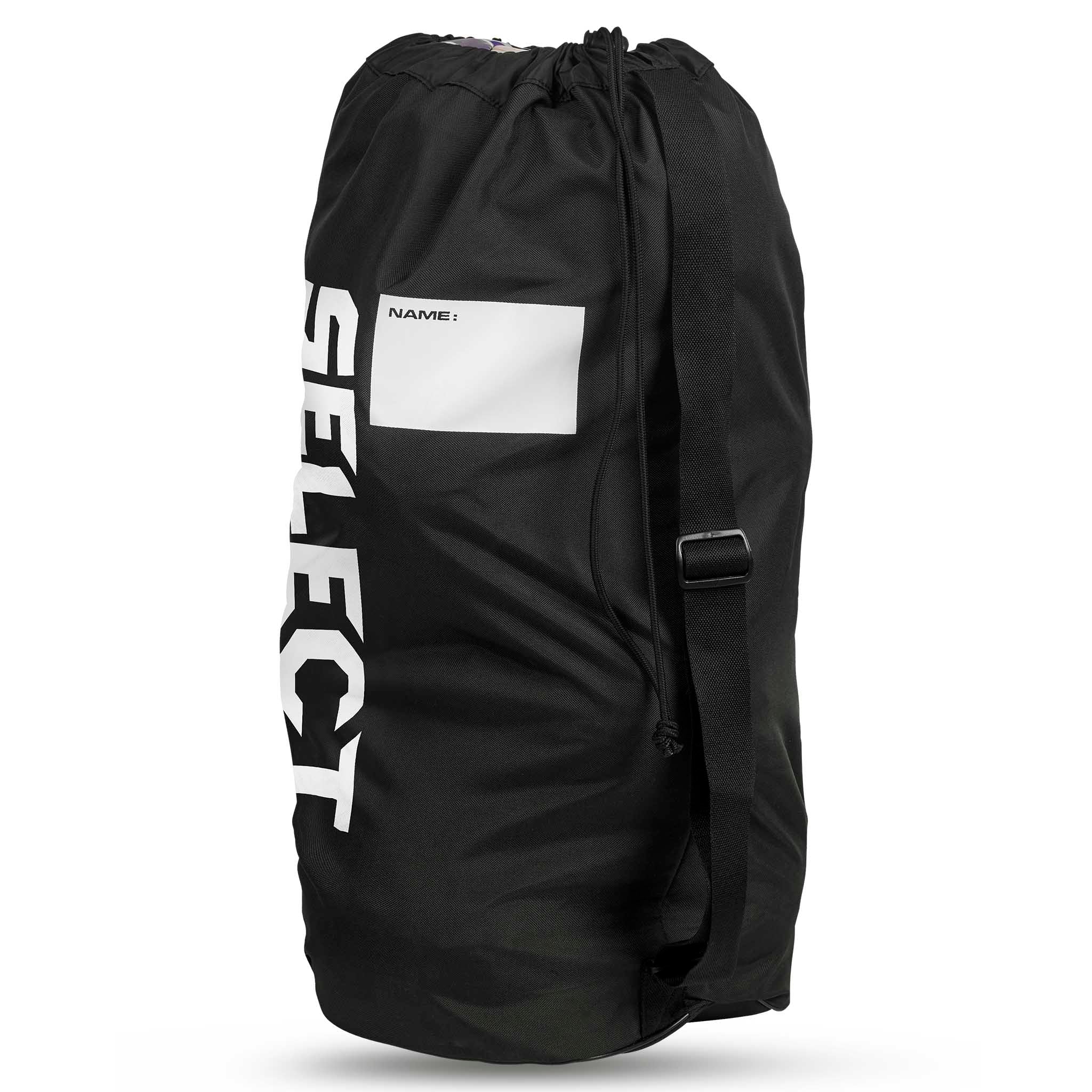 Bakside av sort Handball bag Select 10-12 balls v26, sportsbag med hvit logo og navnelapp.