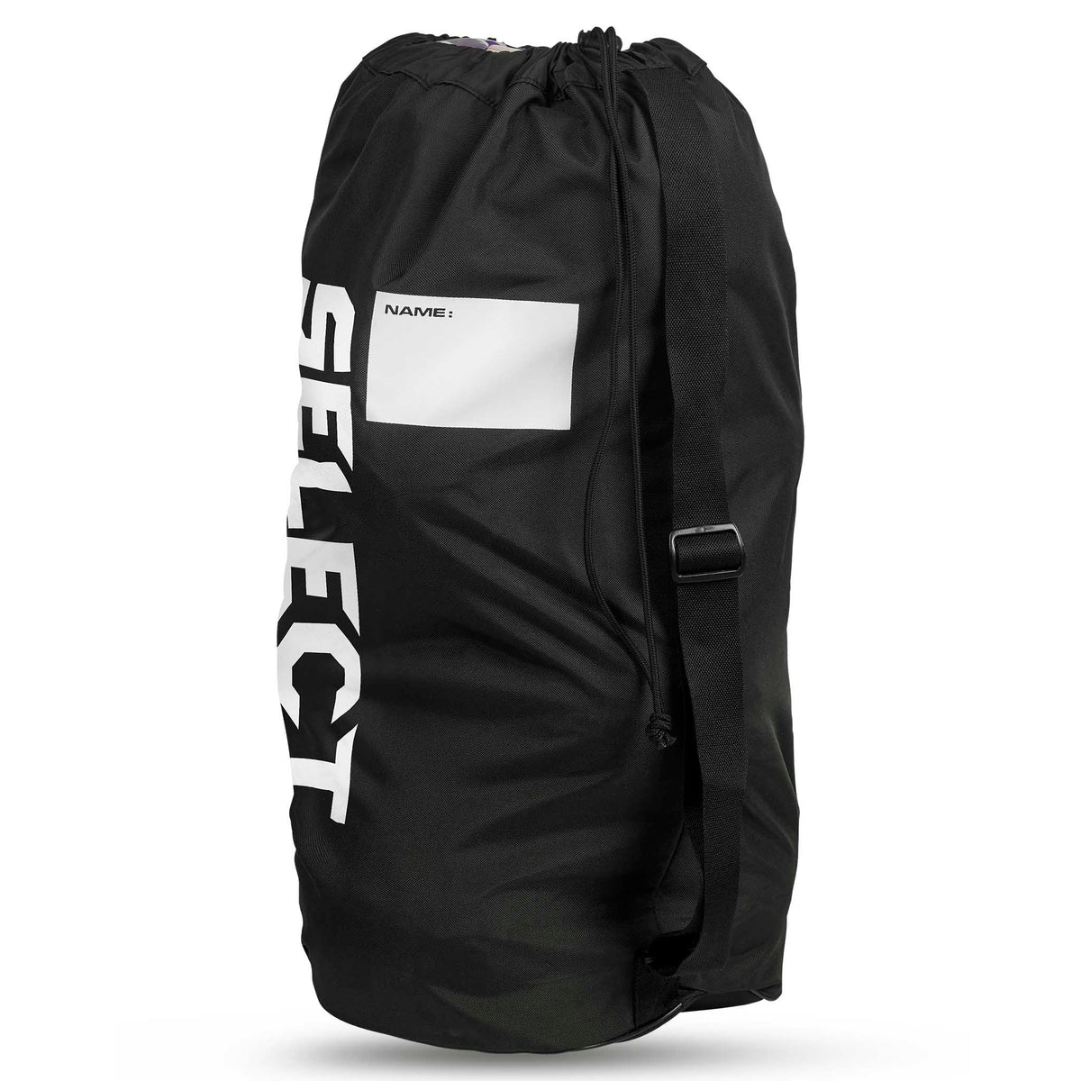 Bakside av sort Handball bag Select 10-12 balls v26, sportsbag med hvit logo og navnelapp.