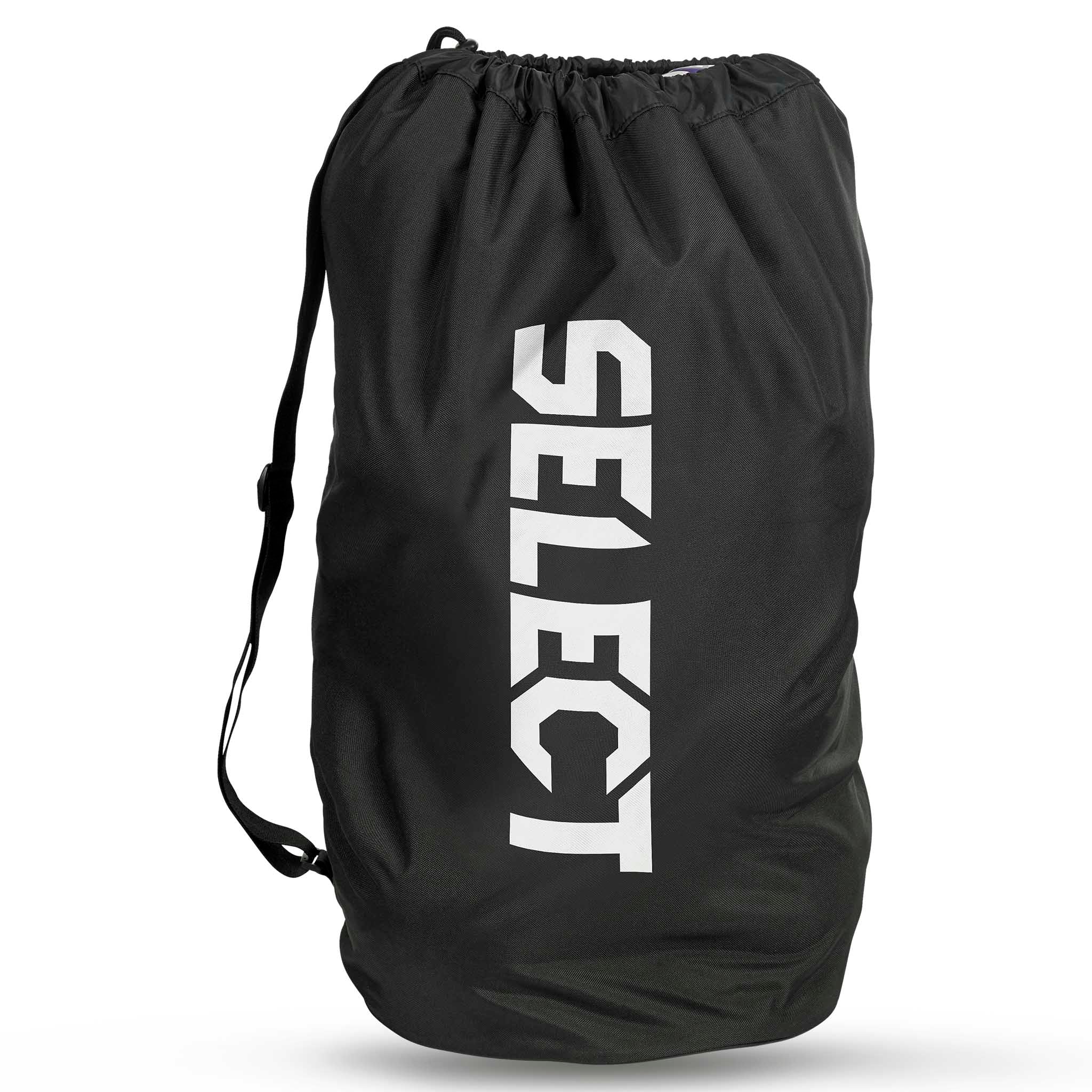 Forside av svart Handball bag Select 10-12 balls v26, sportsbag med hvit logo og snørelukking.