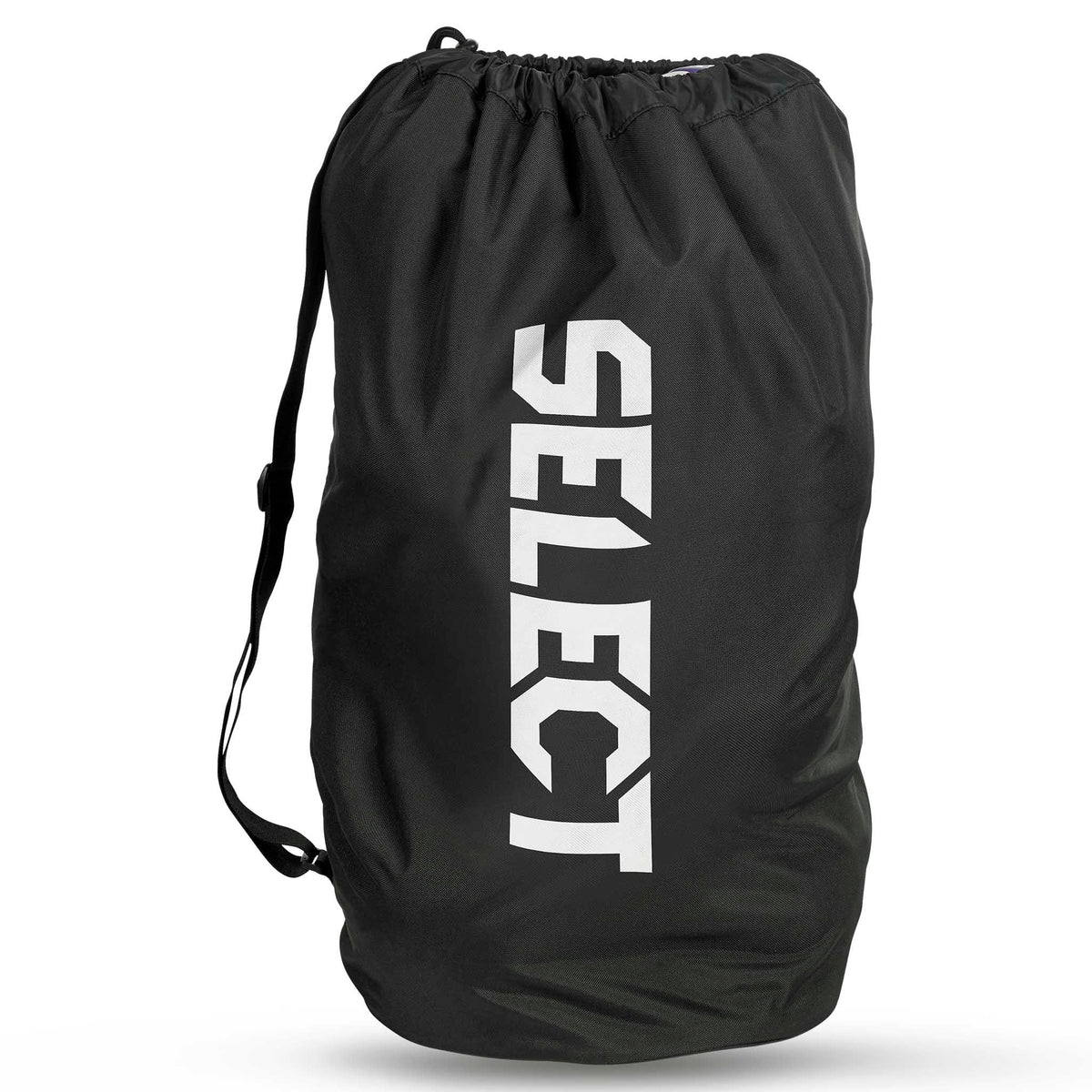Forside av svart Handball bag Select 10-12 balls v26, sportsbag med hvit logo og snørelukking.