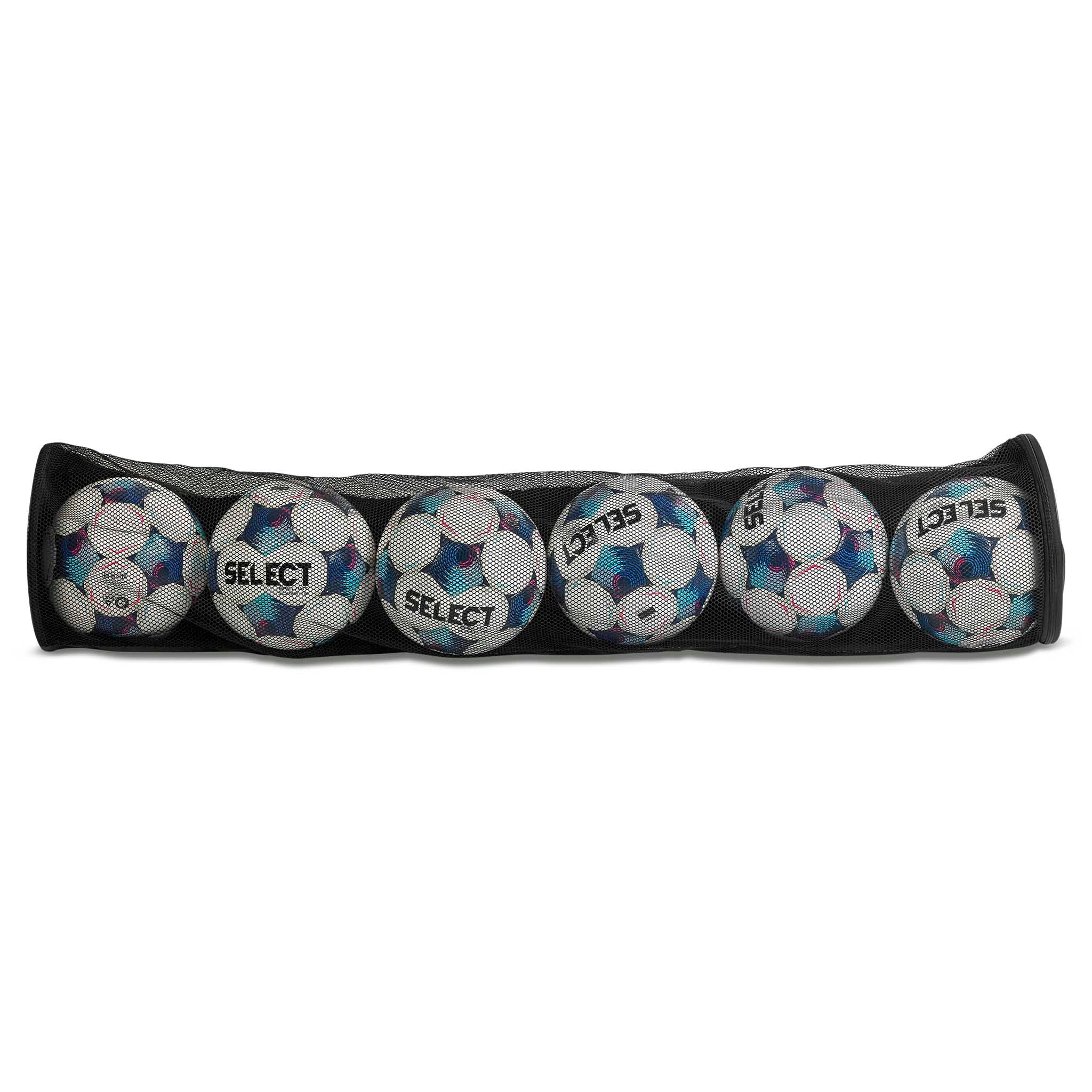 Svart Ball tube for 6 balls v26, bakside, med seks hvite, blå og svarte fotballer. Ballutstyr.