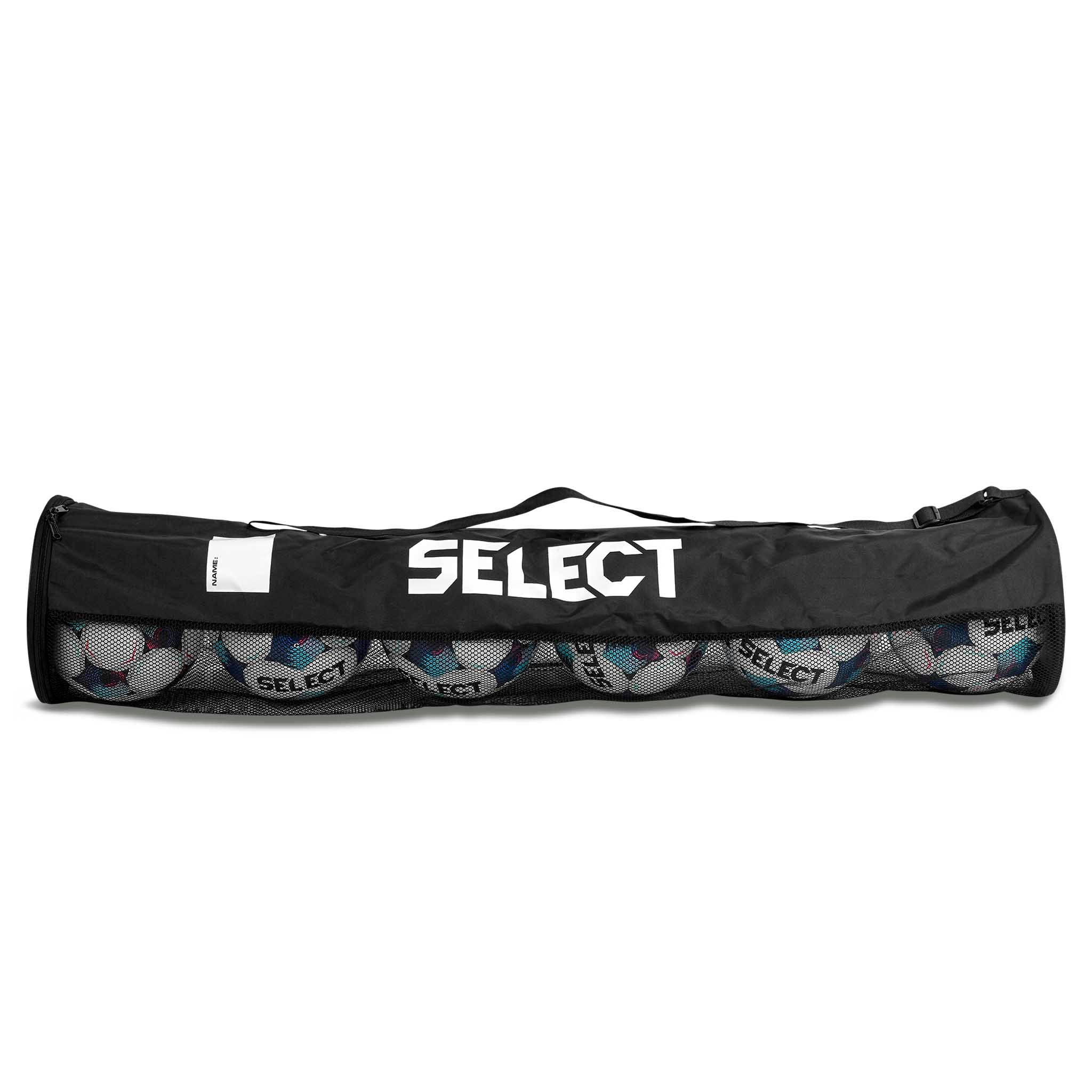 Svart Ball tube for 6 balls v26, ballutstyr, forside med hvite fotballer synlige i nettet.