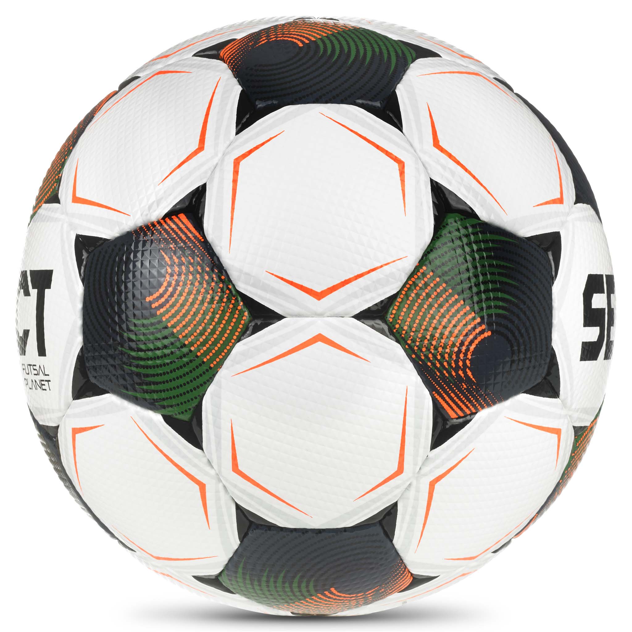 Futsal Planet v26 ball, høyre side, hvit med grønt, oransje og sort design