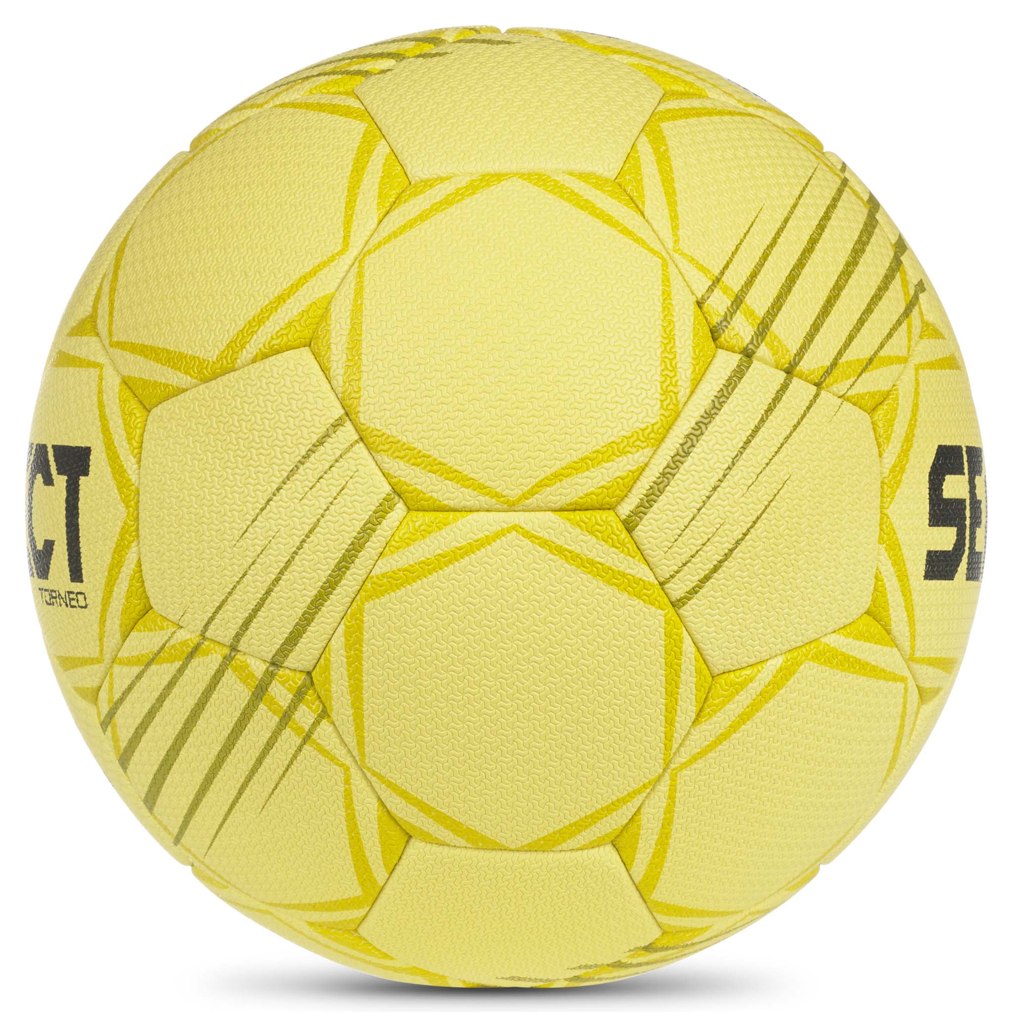 Gul Torneo v26 håndball, sett fra høyre side med teksturerte paneler og logo.