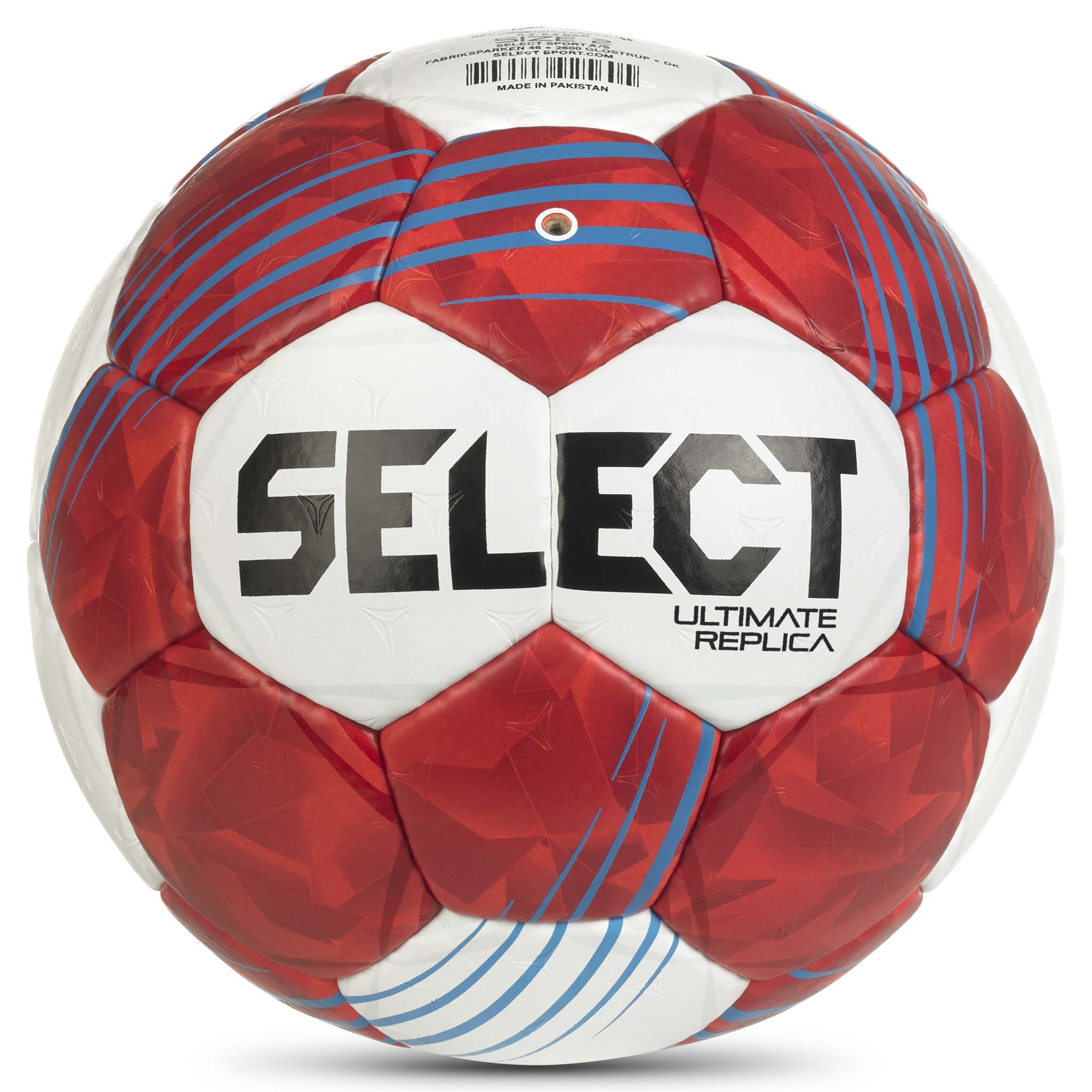 Rød og hvit Ultimate Replica v26 håndball, baksidevisning med blå detaljer
