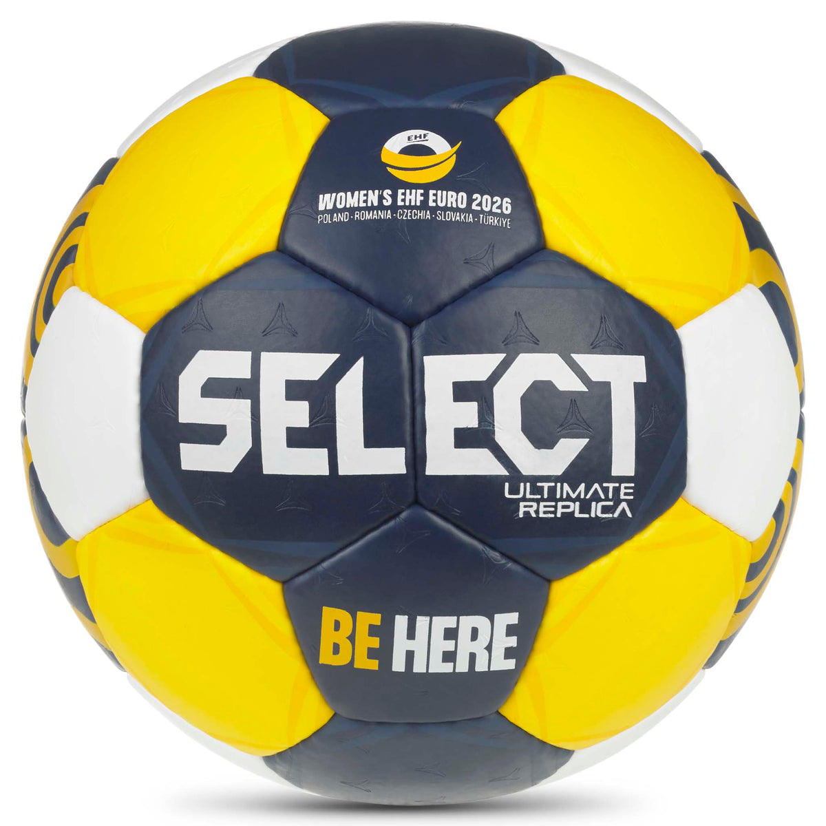 Replica EHF Euro Women v26 håndball, forside, i marineblått, gult og hvitt.