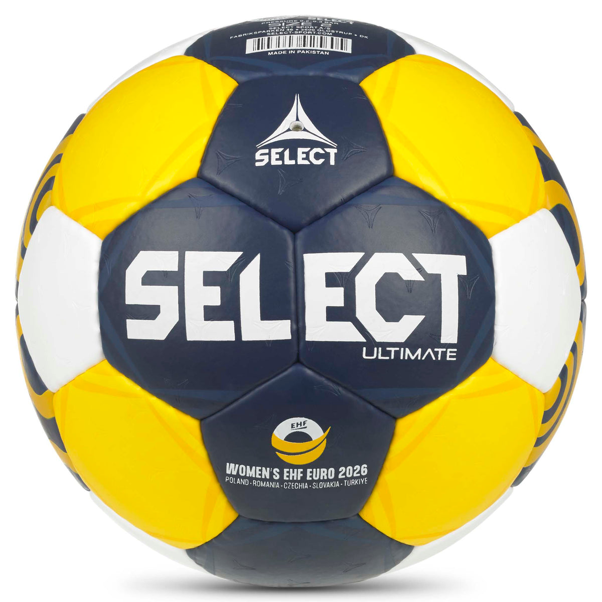Ultimate EHF Euro Women v26 håndball, bakside, i gult, marineblått og hvitt.
