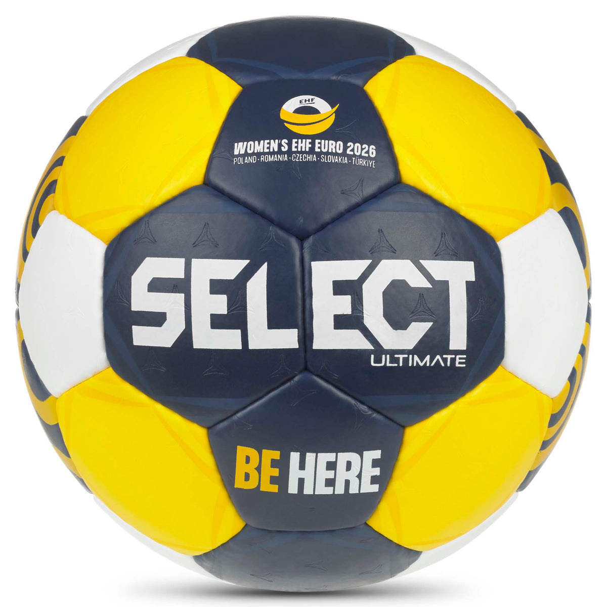 Forside av Ultimate EHF Euro Women v26 håndball i marineblå, gul og hvit.