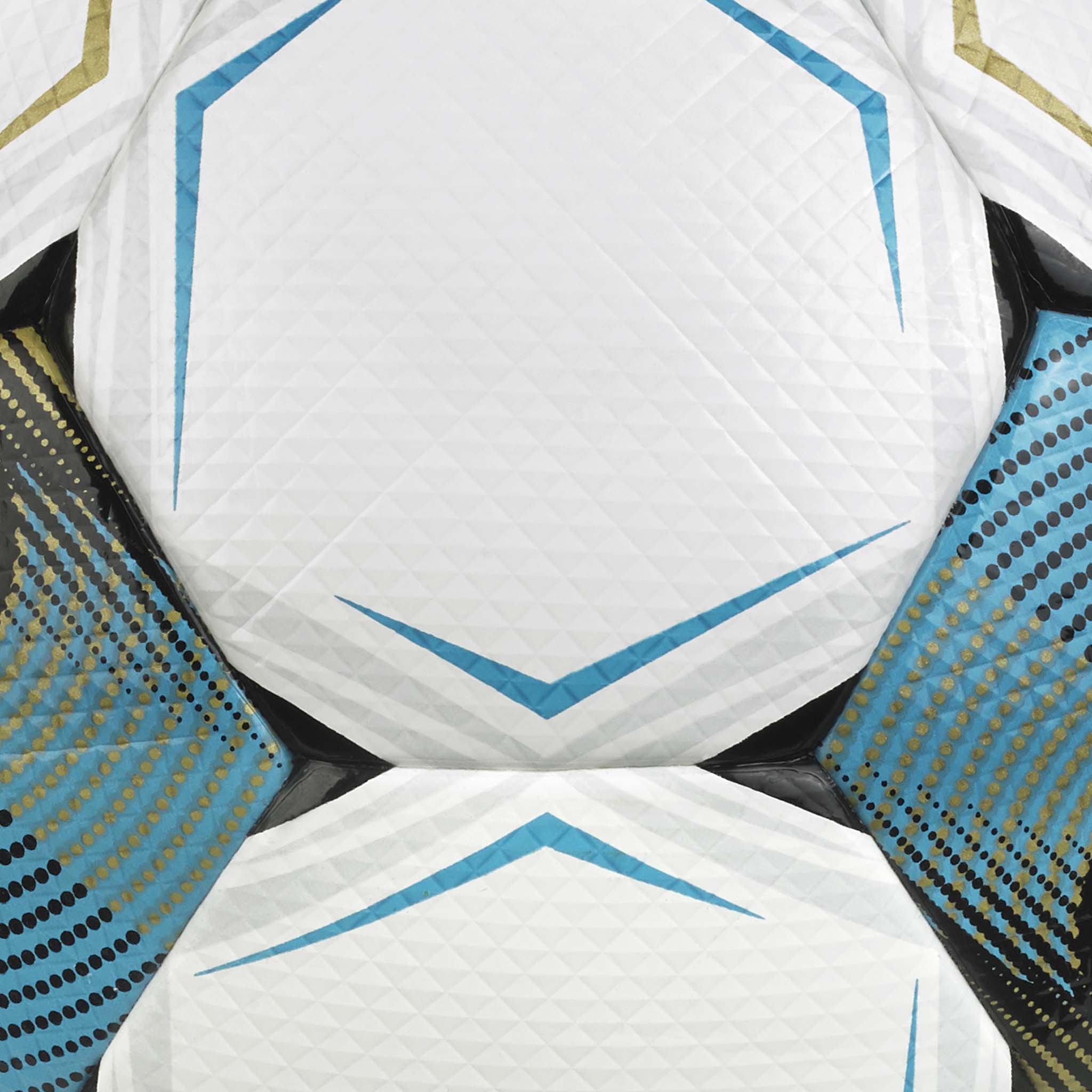 Nærbilde av Numero 10 v26 fotball med hvite paneler og blå, svarte og gylne detaljer