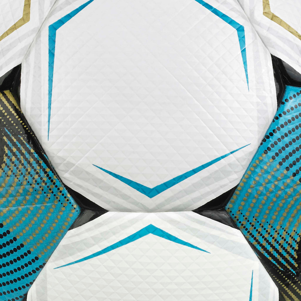 Nærbilde av Numero 10 v26 fotball med hvite paneler og blå, svarte og gylne detaljer