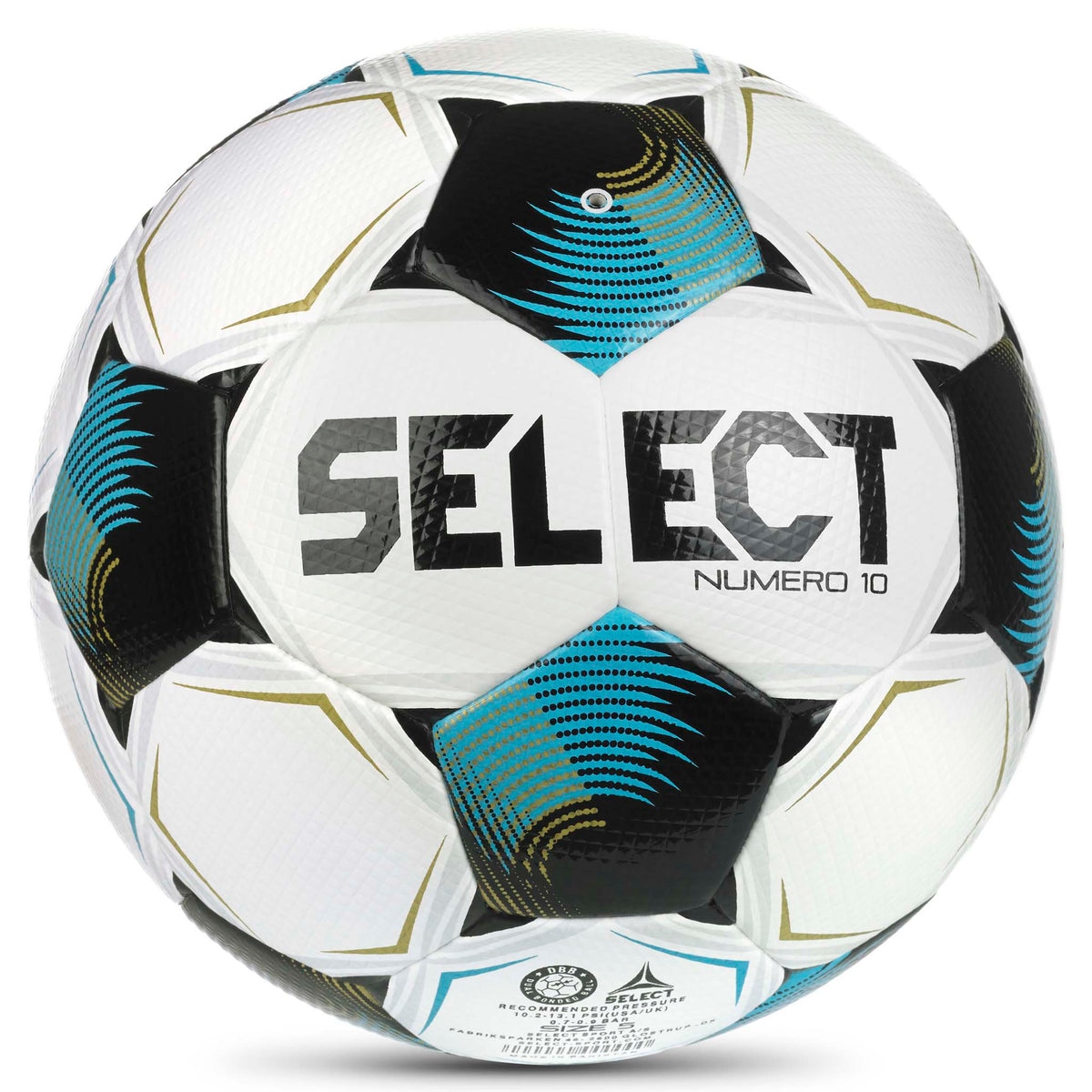 Numero 10 v26 fotball, bakside, hvit med blå, svarte og gullfargede detaljer.