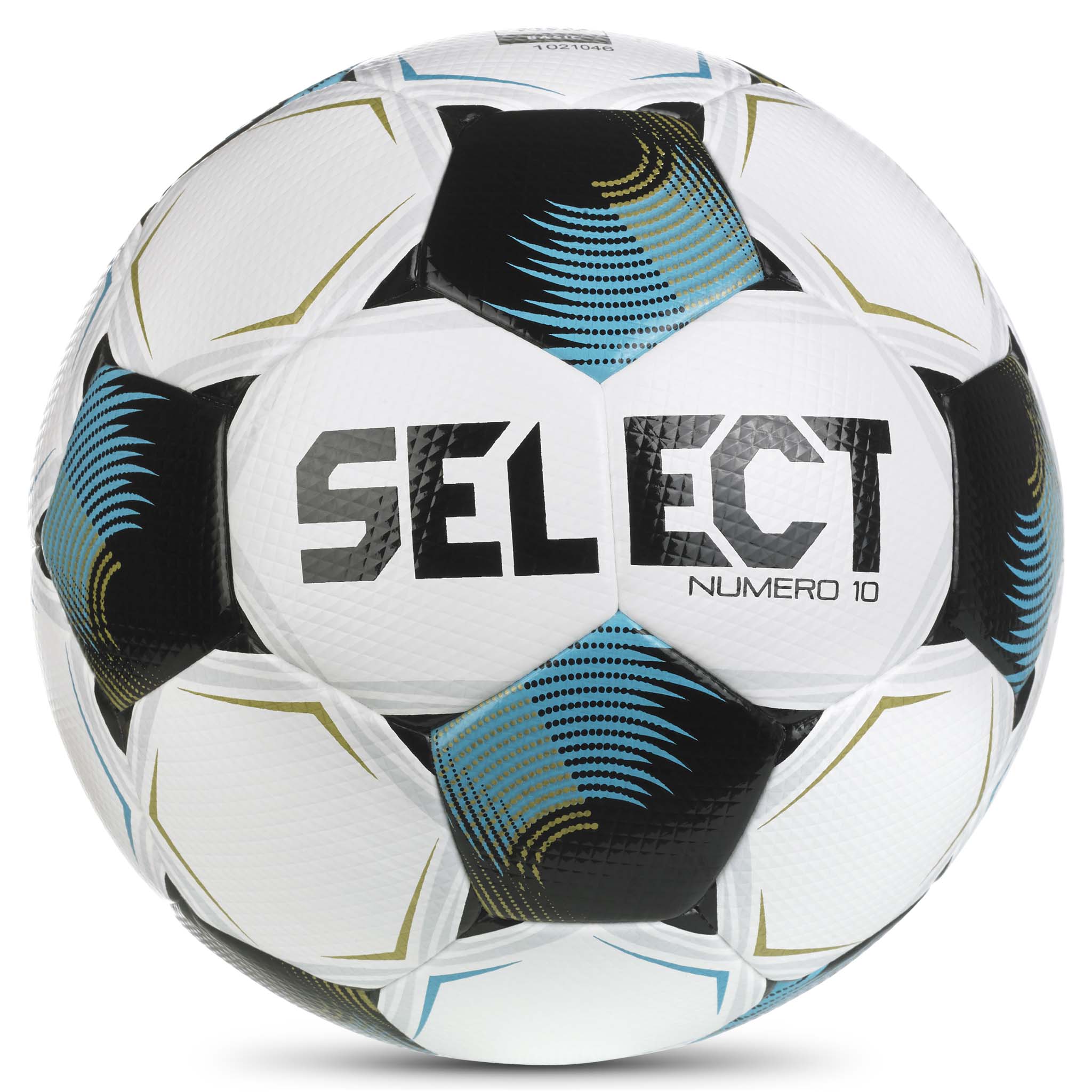Numero 10 v26 fotball, forside. Hvit ball med svarte, turkise og gule paneler.