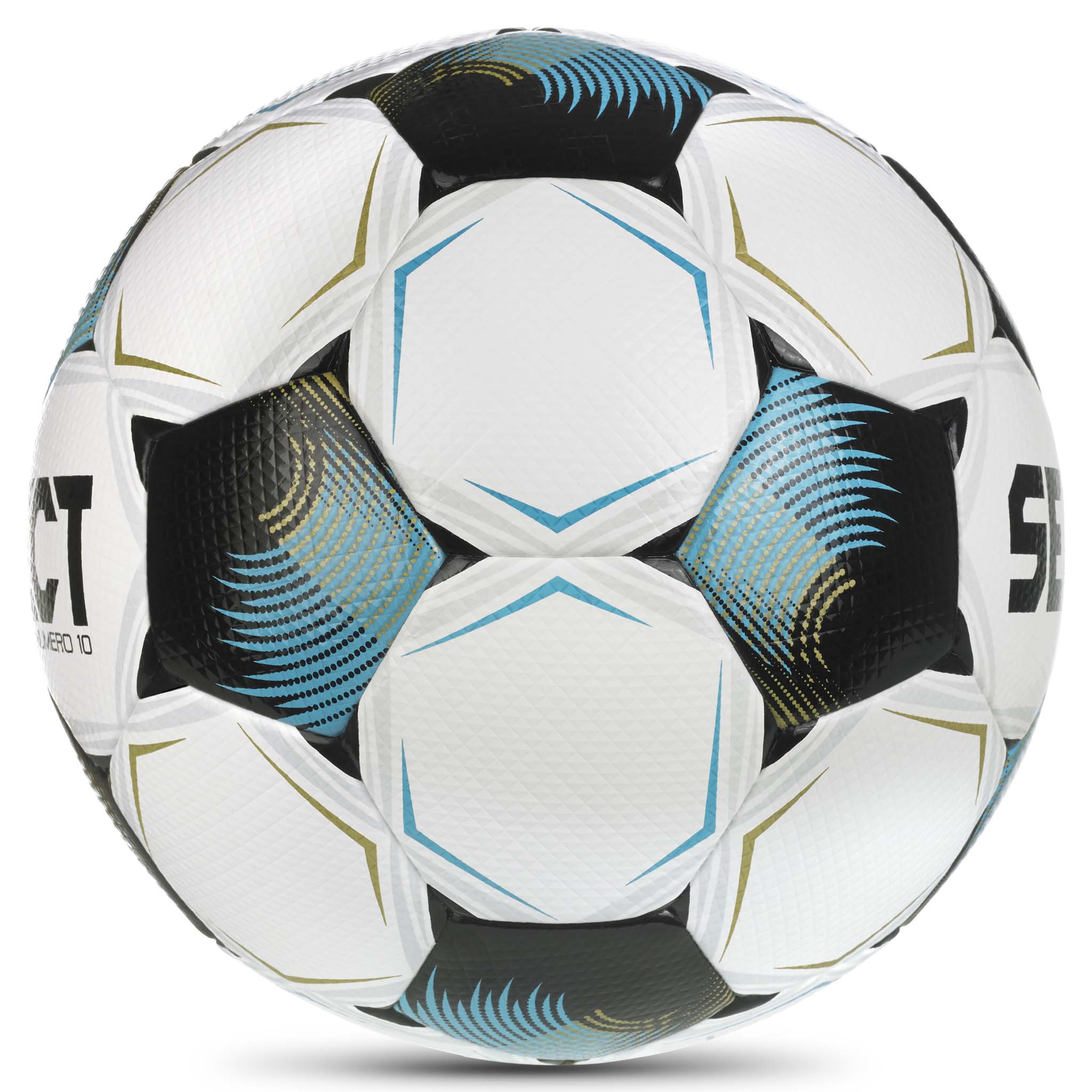 Numero 10 v26 fotball, høyre side. Hvit ball med sorte, blå og gylne paneldetaljer.