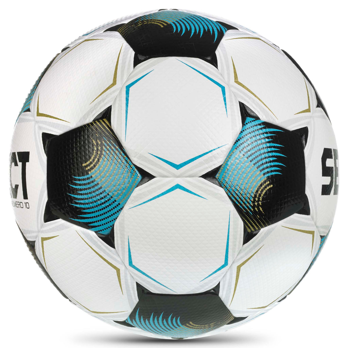 Numero 10 v26 fotball, høyre side. Hvit ball med sorte, blå og gylne paneldetaljer.