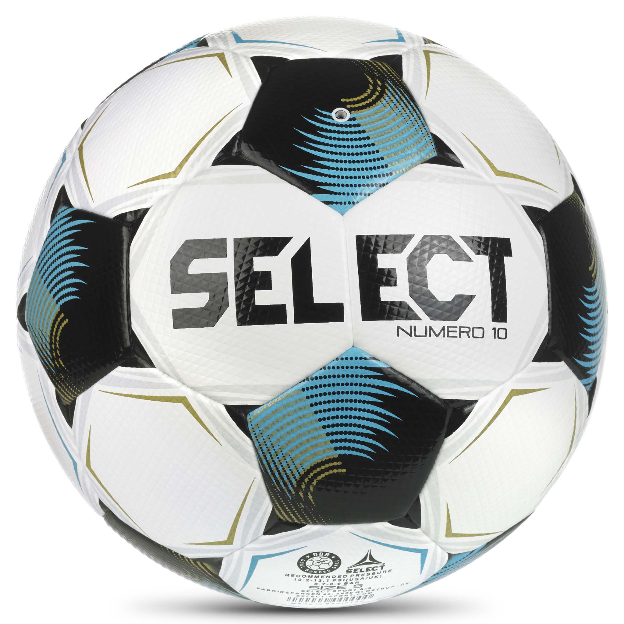 Numero 10 v26 fotball, bakside, i hvit, blå og svart
