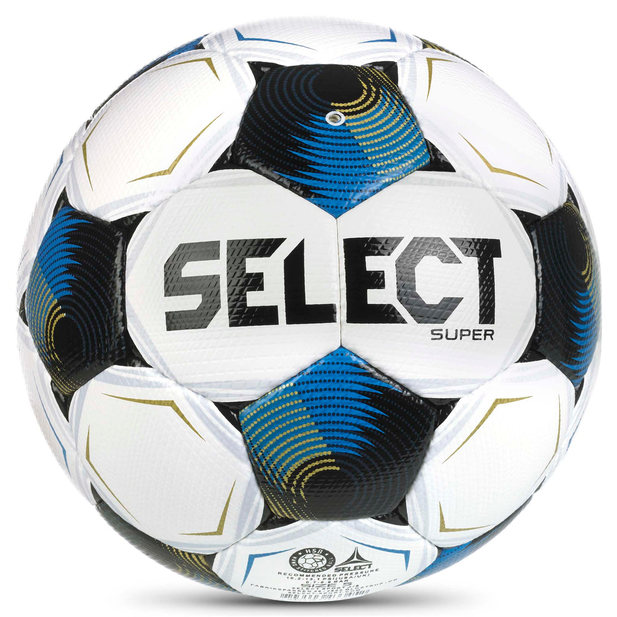 Super v26 fotball, bakside, hvit med blå, sort og gull detaljer