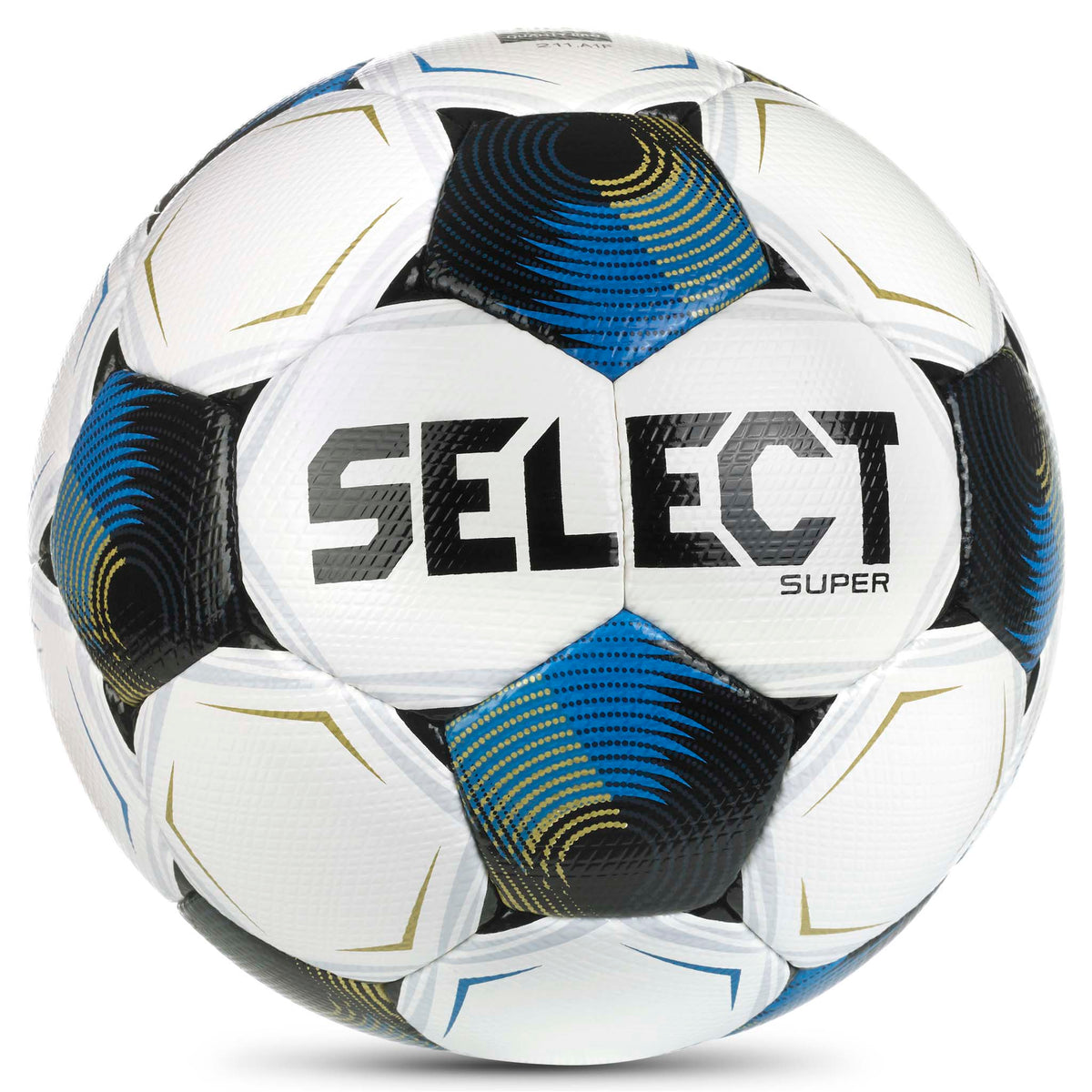 Super v26 fotball sett forfra, hvit med blå, svarte og gylne detaljer