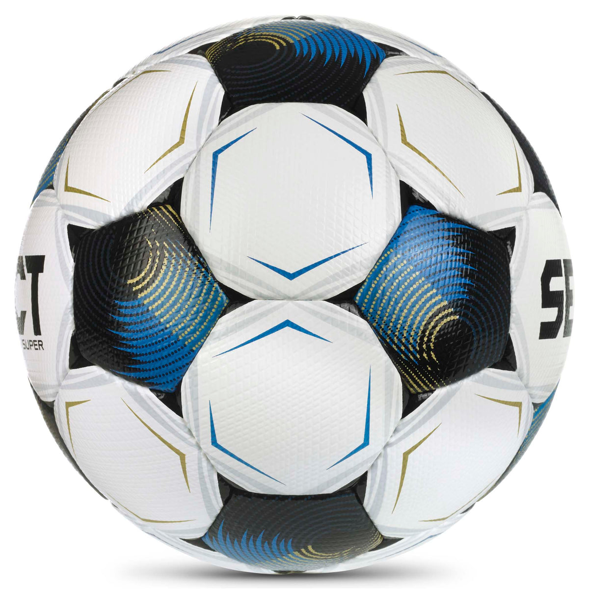 Super v26 fotball, sett fra høyre side. Hvit med sort, blå og gull paneldesign.