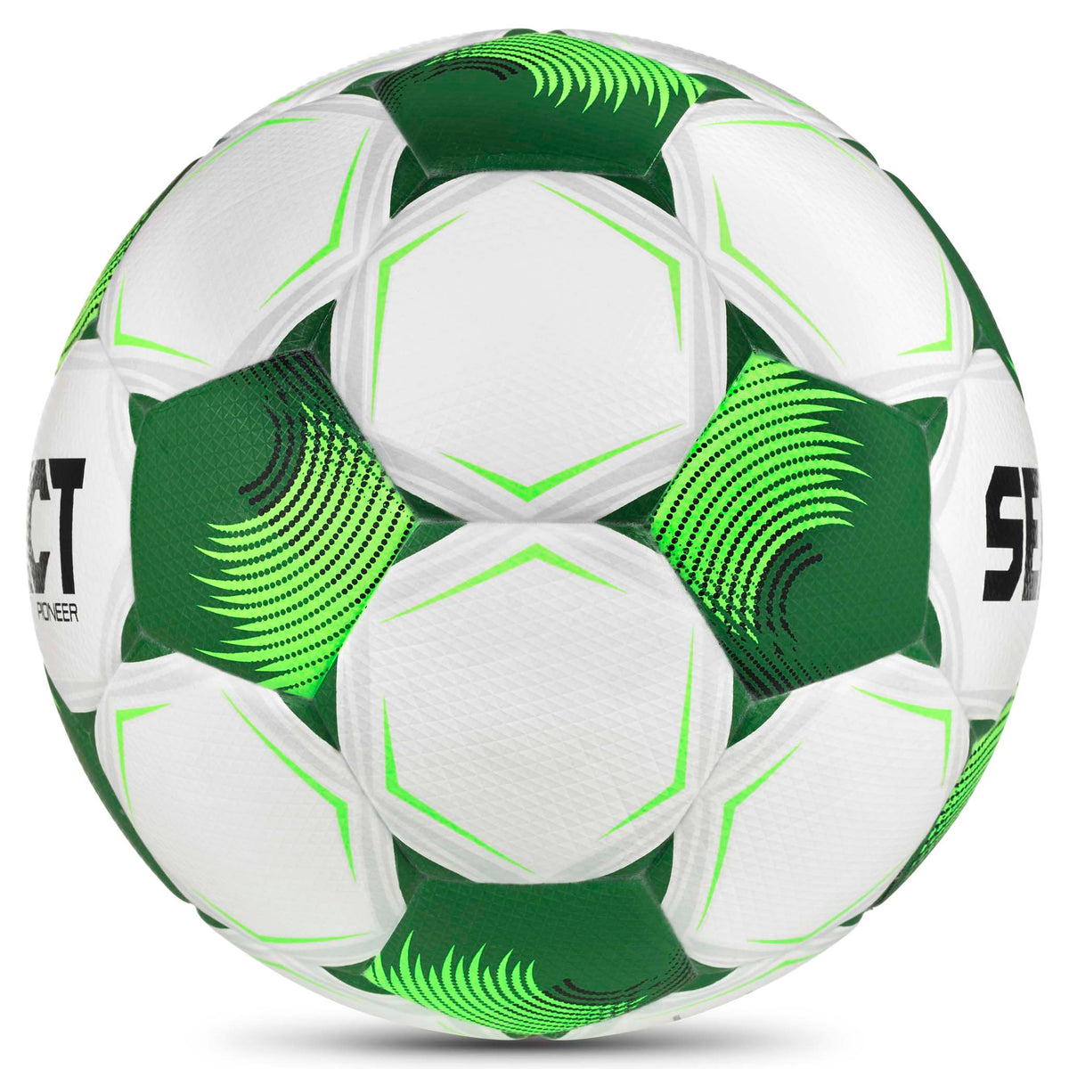 Hvit og grønn Pioneer v26 fotball, sett fra høyre side