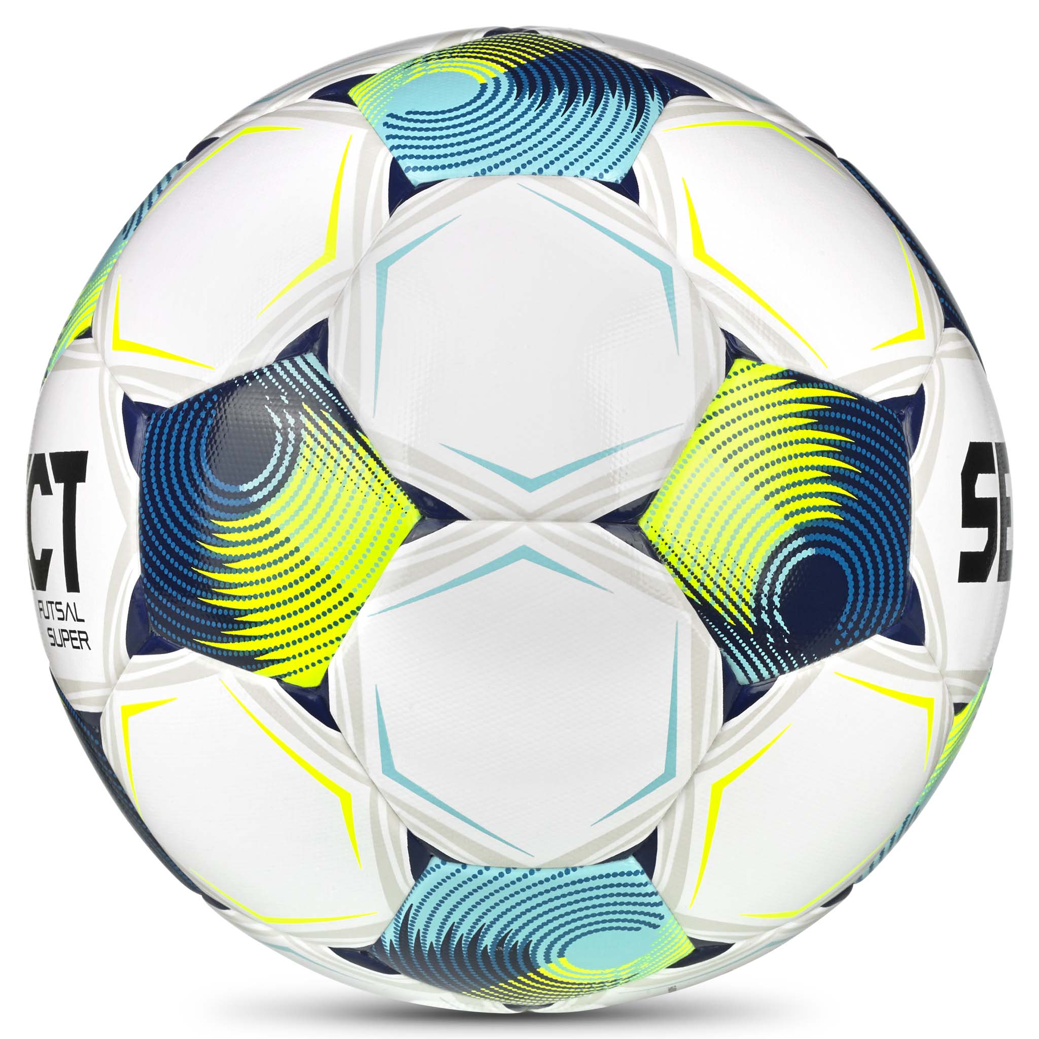 Hvit Futsal Super v26 fotball med blått, grønt og gult design, sett fra høyre side