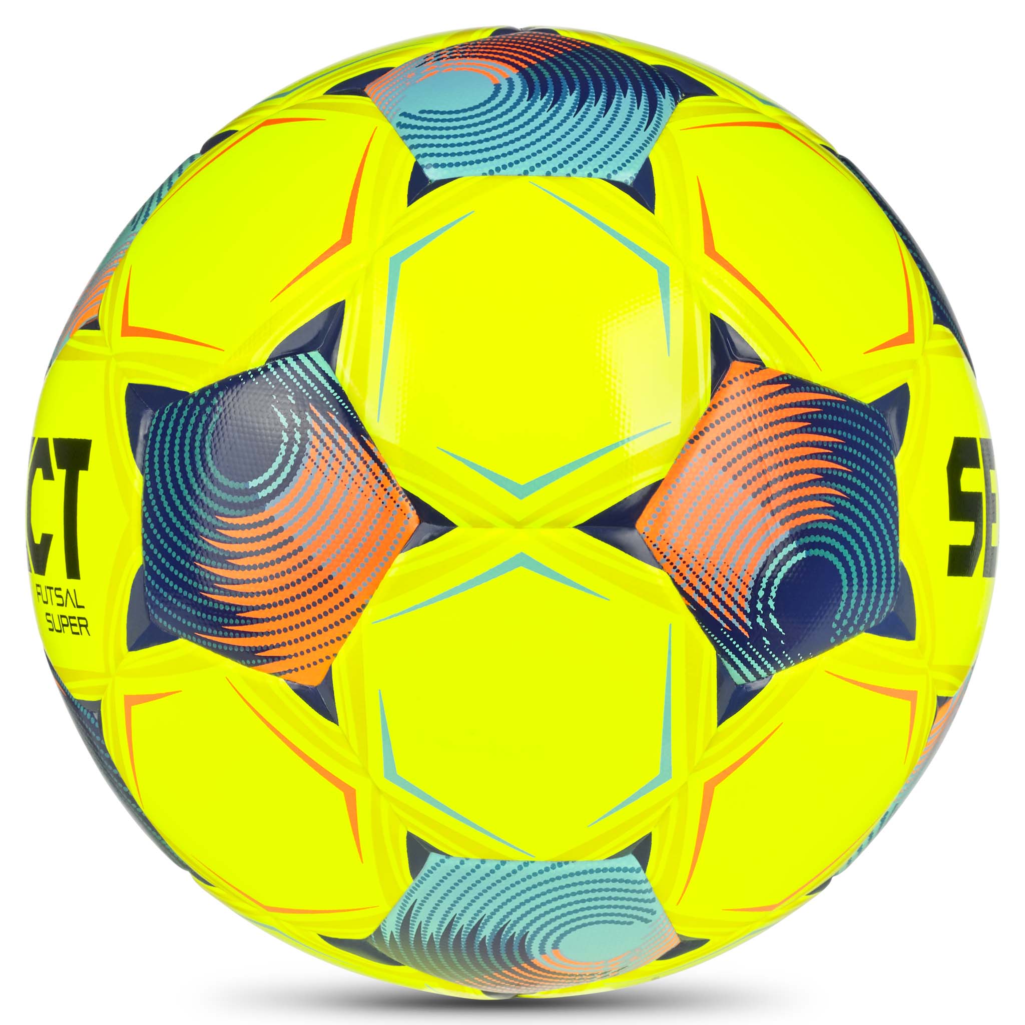 Futsal Super v26 fotball, sett fra høyre side, gul med blå og oransje detaljer