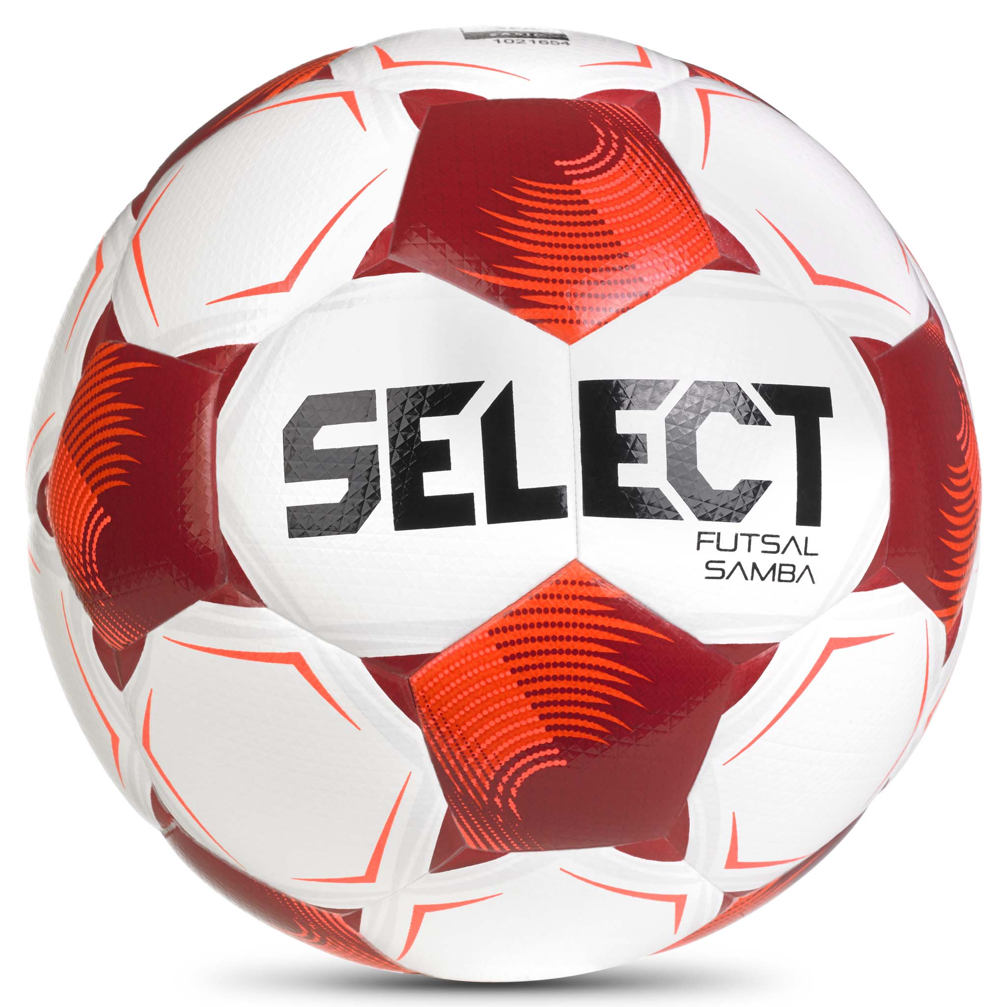 Forside av hvit og rød Futsal Samba v26 futsalball med sort Select-logo.