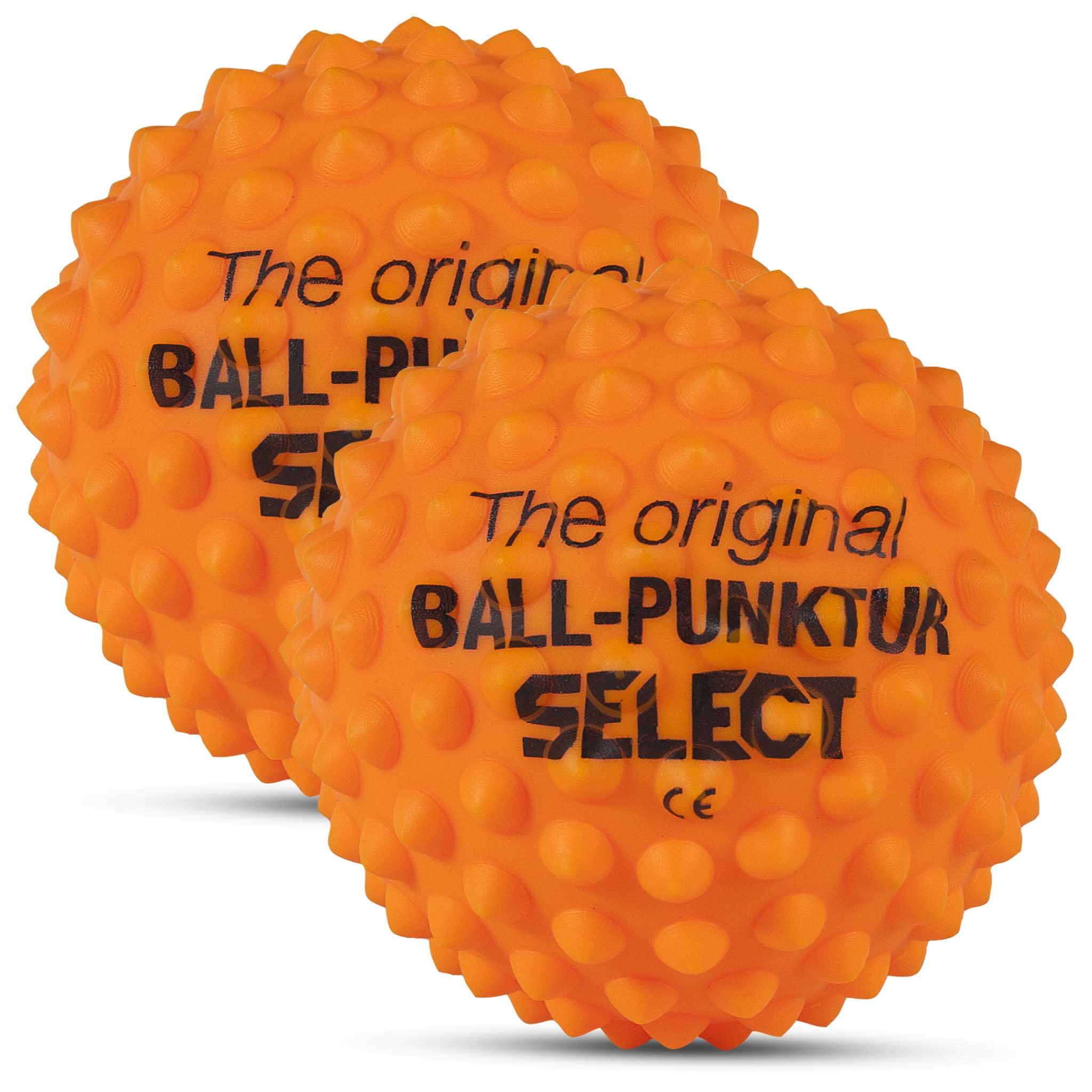 Forside av oransje Ball-Punktur 2 pcs massageballer med strukturert overflate og sort SELECT-trykk.
