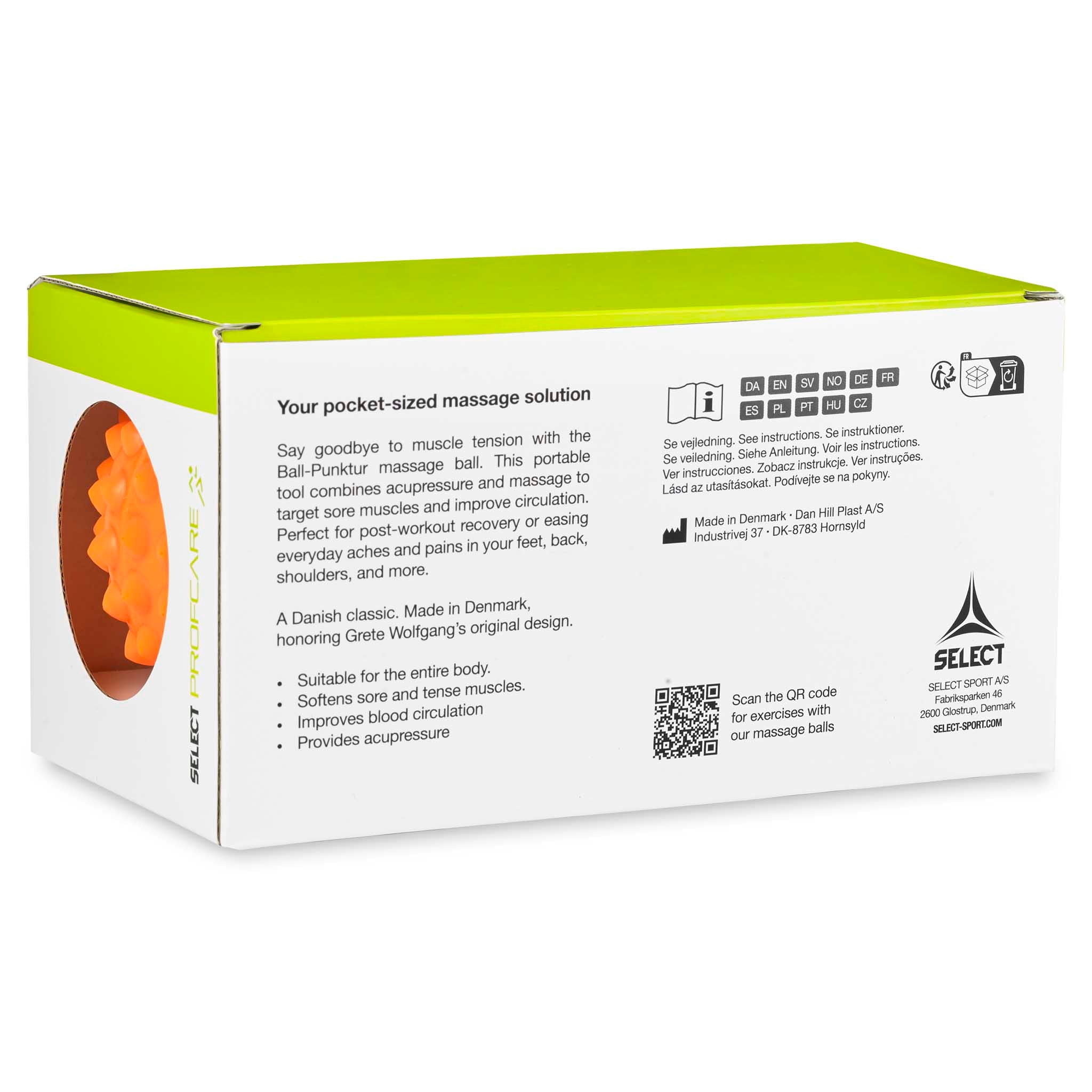 Ball-Punktur 2 pcs massageballer, bakside av hvit og grønn emballasje med illustrasjon av oransje massageball.