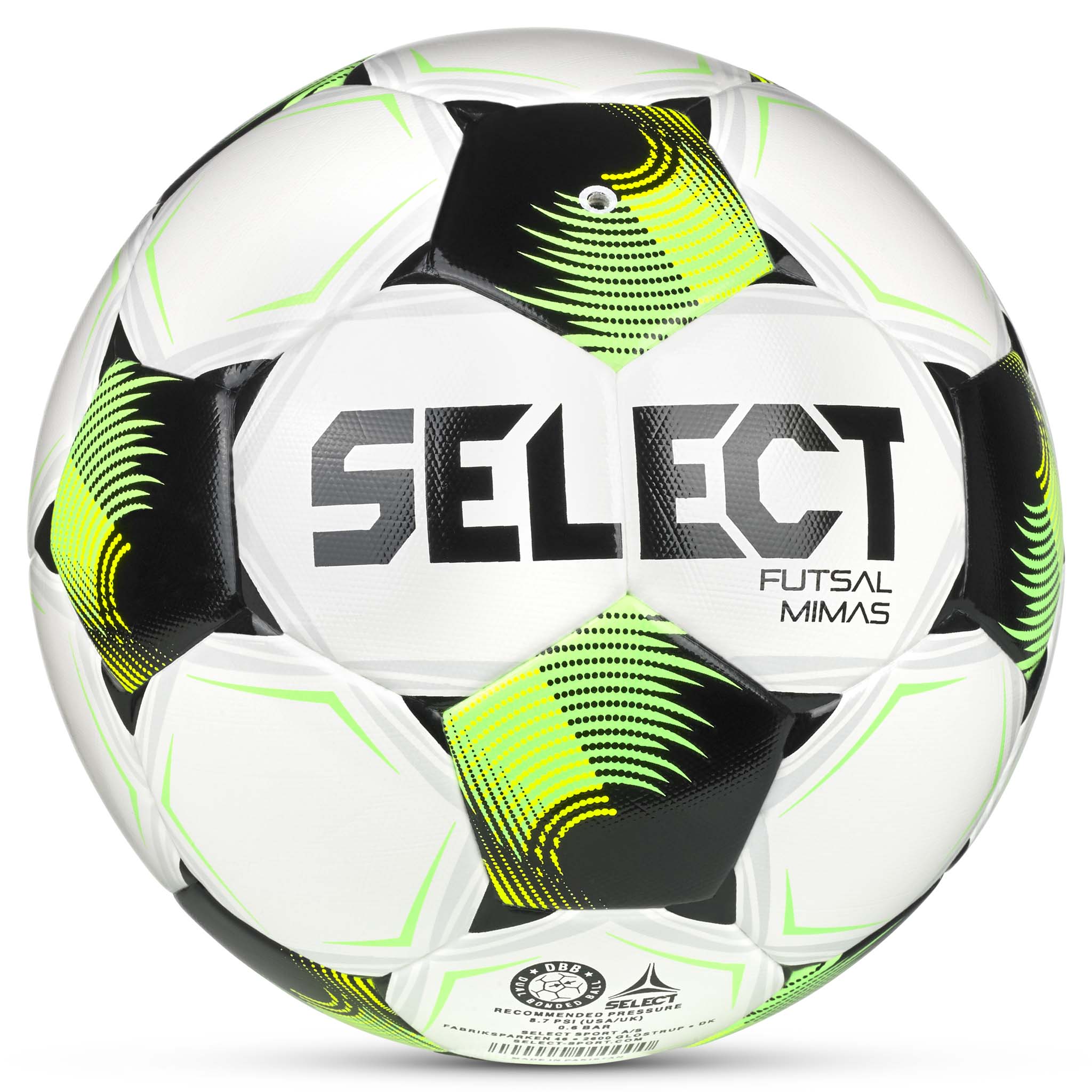 Futsal Mimas v26 fotball, bakside. Hvit, grønn og sort Futsal-ball med Select-logo.