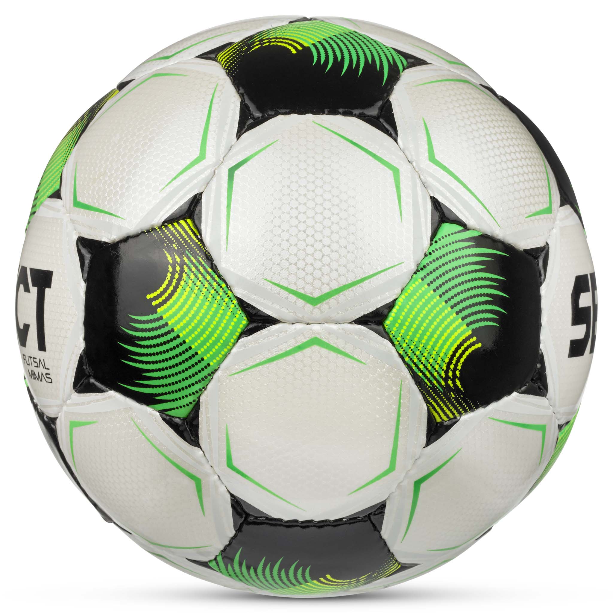 Futsal Mimas v26 futsalball, sett fra høyre side, hvit med grønne, svarte og gule detaljer.