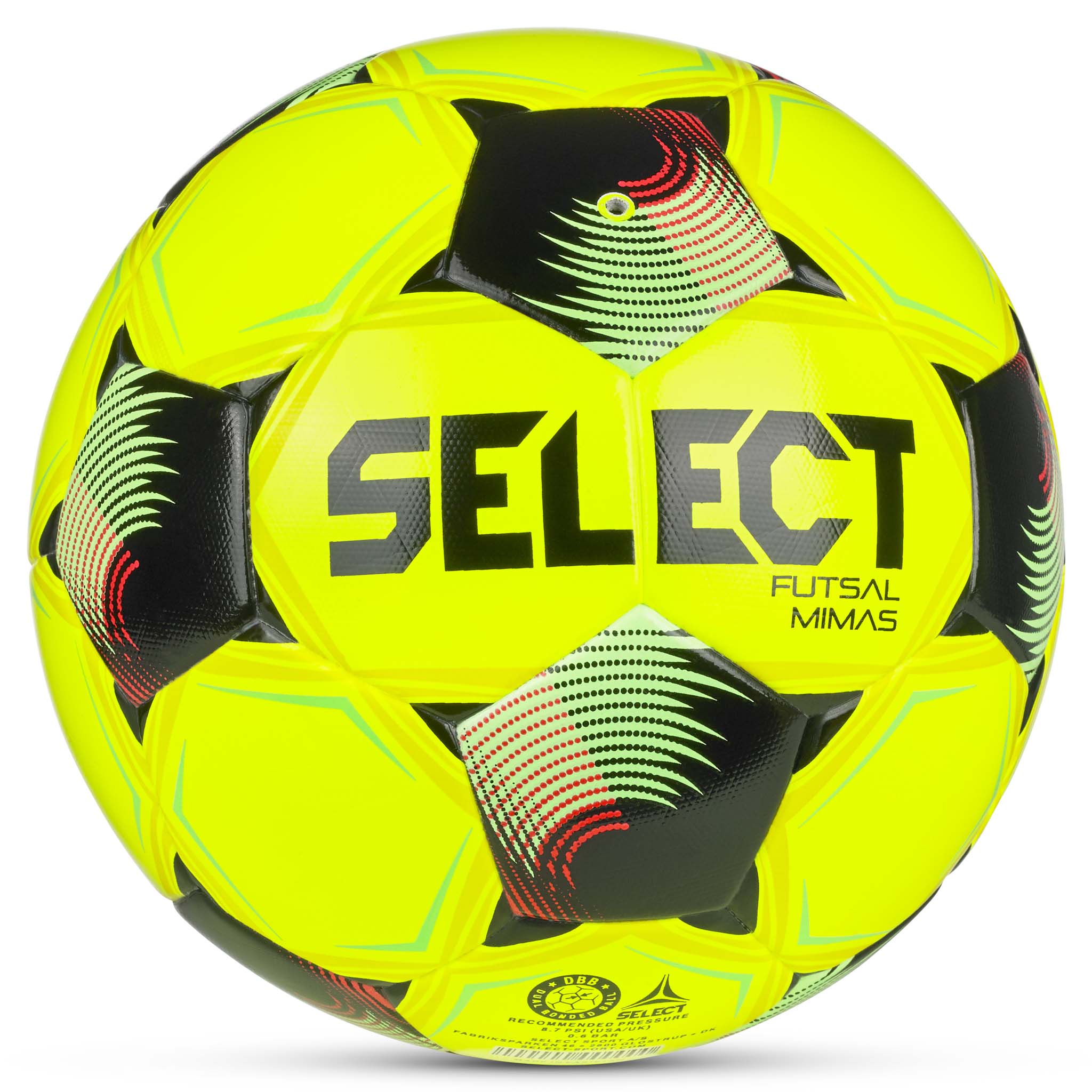 Futsal Mimas v26 ball, bakside. Gulgrønn med svarte, røde og turkise detaljer.