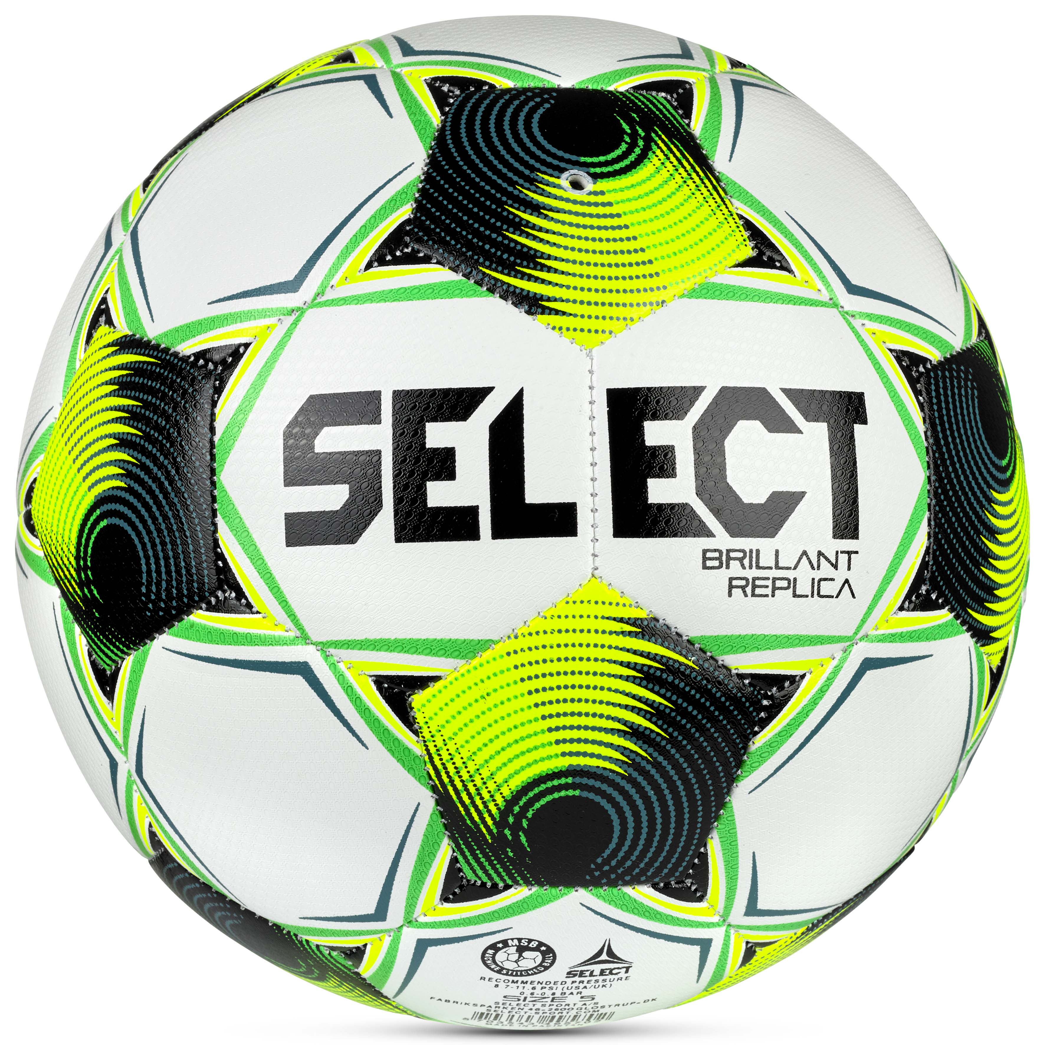 Bakside av Brillant Replica 3F Superliga v26 fotball i hvitt, grønt, gult og svart.