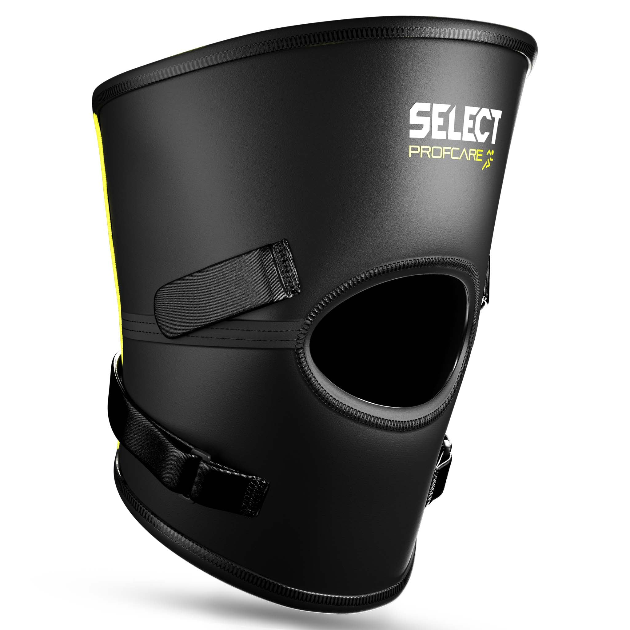 Forside av svart Knee support Stabilizer 6207 sportsstøtte med gule detaljer og justerbare stropper.