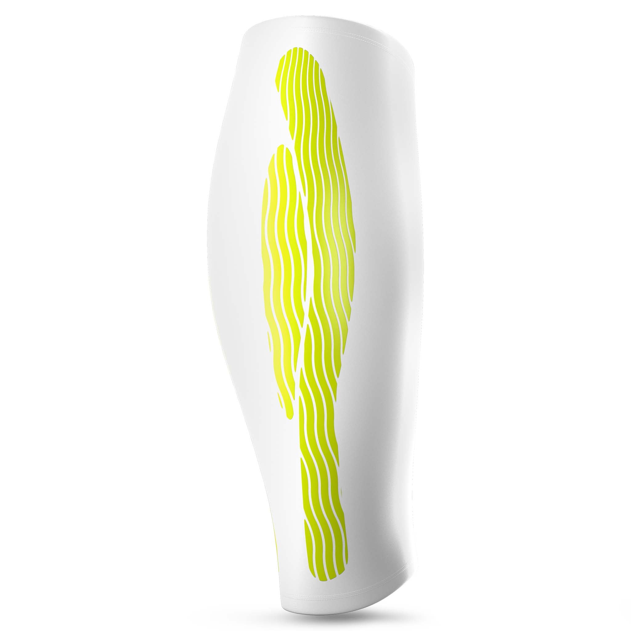 Hvit Compression Calf 6150 sportsstøtte, bakside, med neongult kinesiologisk bølgemønster.