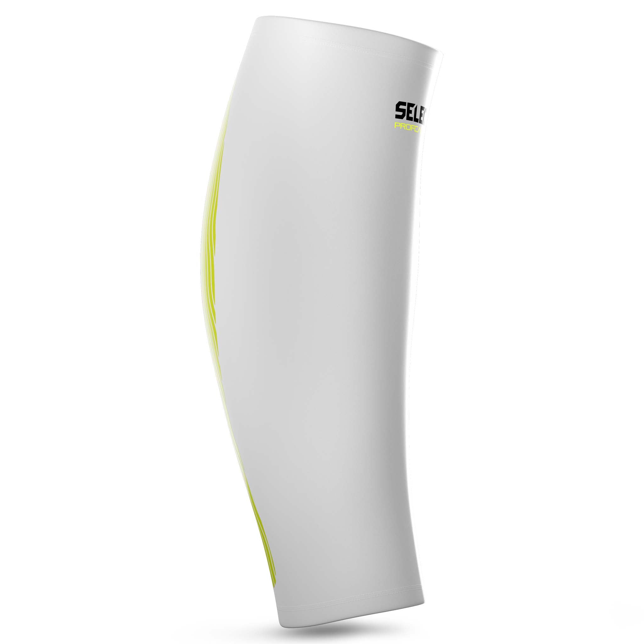 Forside av hvit Compression Calf 6150 sportsstøtte med grønne detaljer.