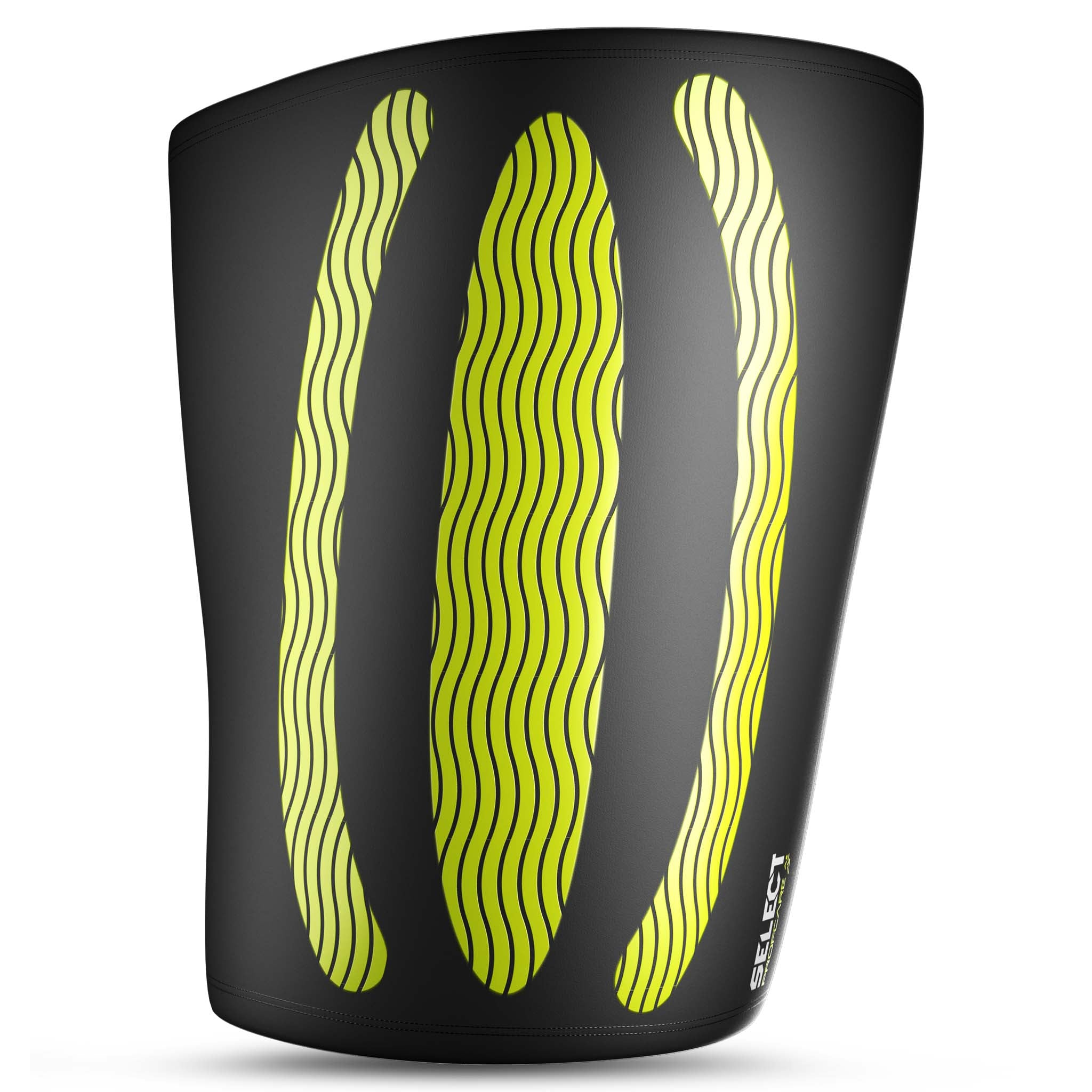 Svart Compression thigh support 6350 med gule bølgete linjer, forside. Sports support.