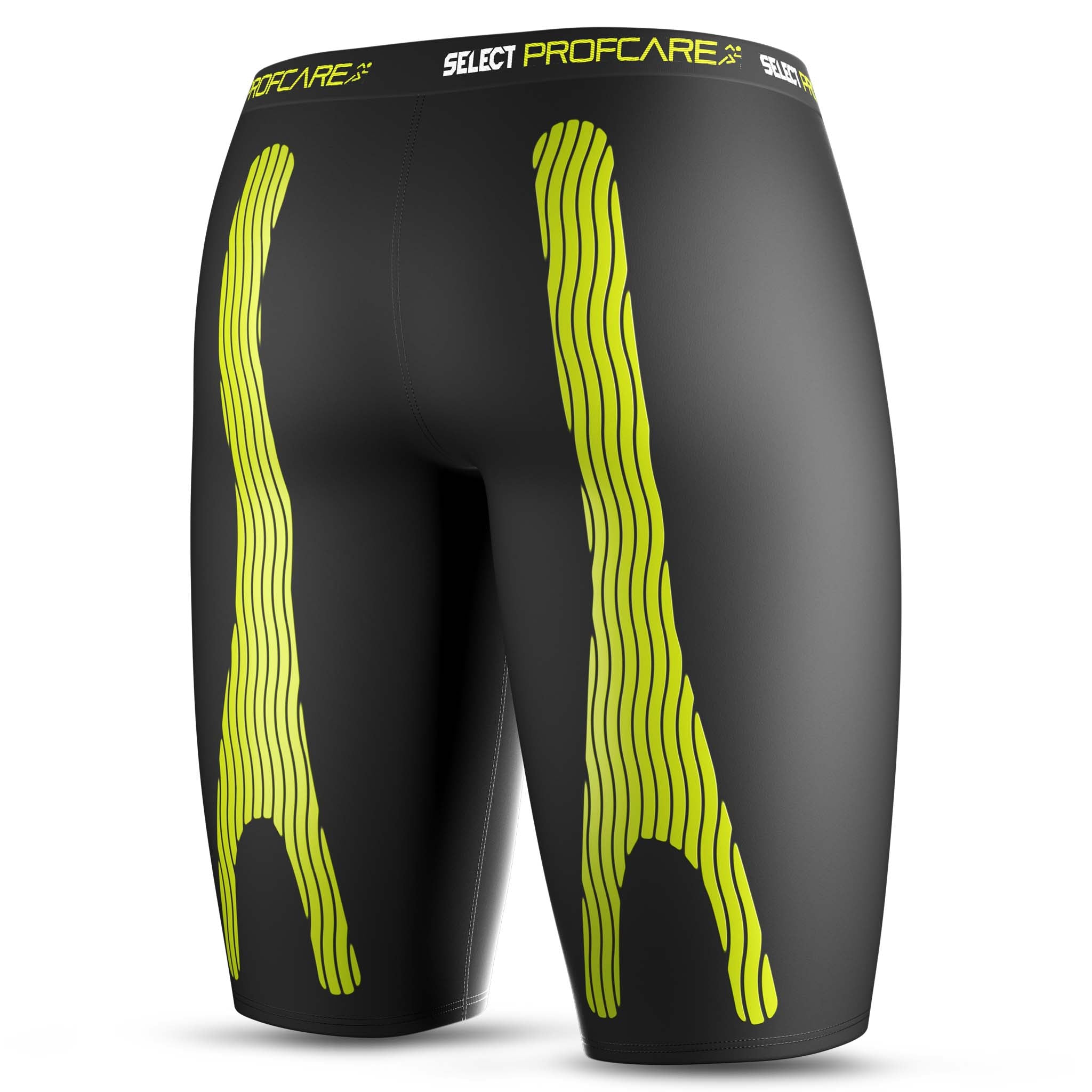 Svarte Compression shorts 6407 med gul kinesiologisk tape, sports support, baksidevisning