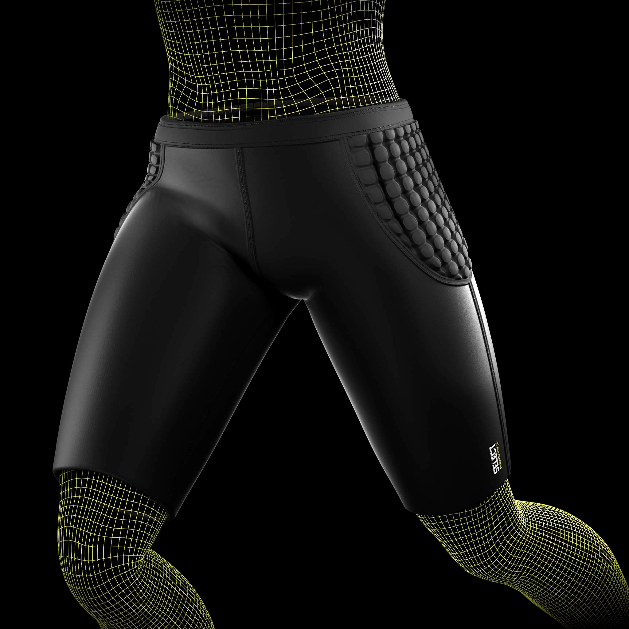 Svarte Goalkeeper pants 6420 med polstret hoftebeskyttelse, sports support brukt av mannlig fotballspiller, sett forfra