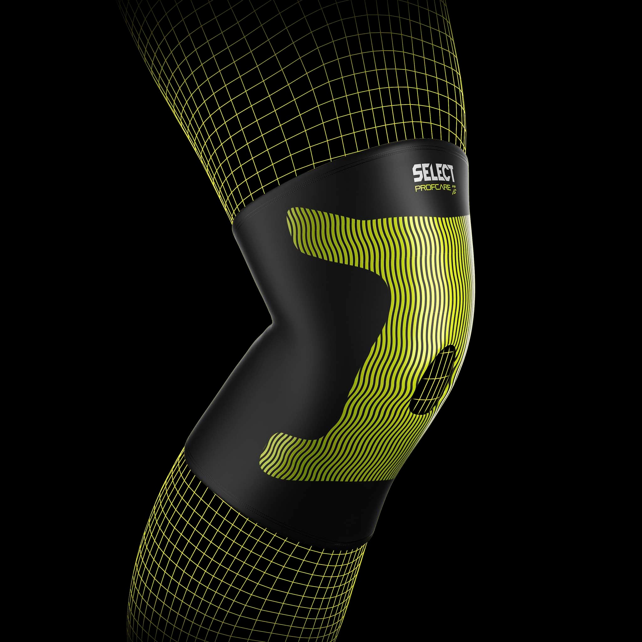 Svart og gul Compression knee support 6252, sportsstøtte, på et ben med kinesiologisk effekt