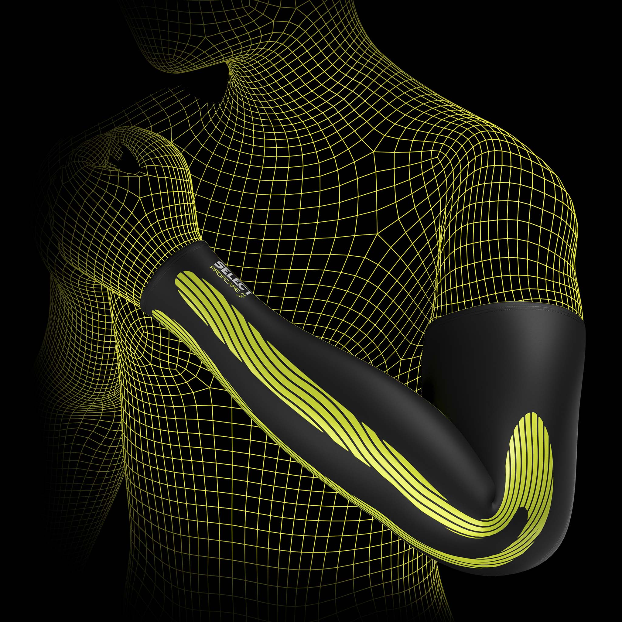 Svart og gul Compression arm sleeves 6610 sportsstøtte med kinesiologisk effekt på modellens arm