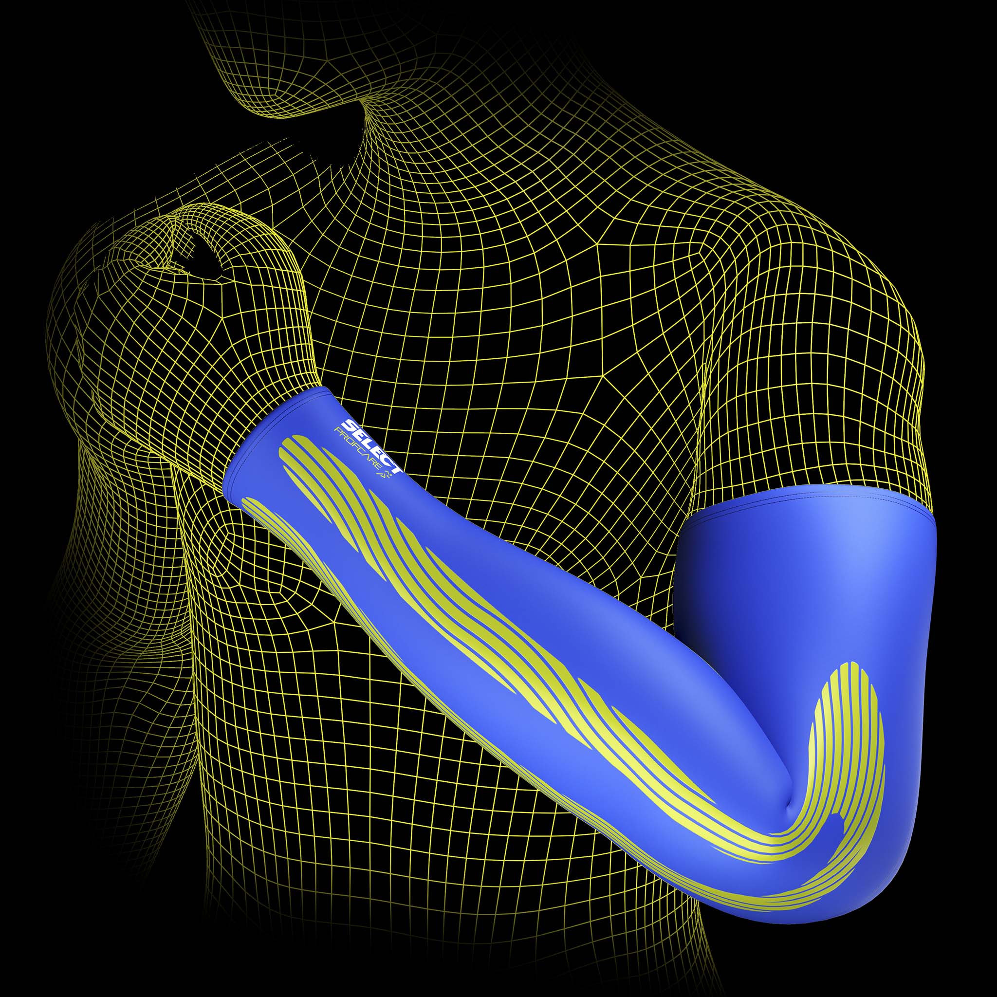 Blå Compression arm sleeves 6610, sportsstøtte, på wireframe-mann med kinesiologisk effekt