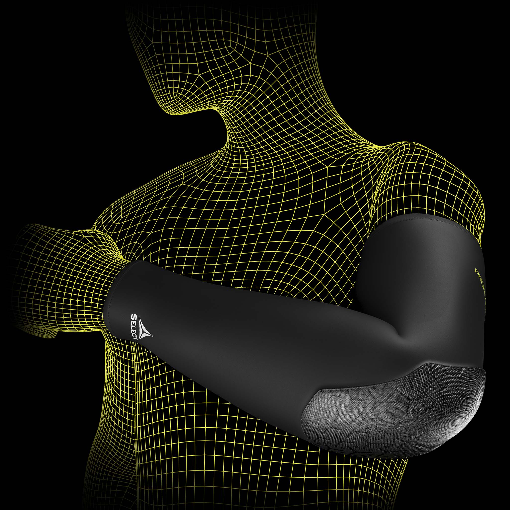 Svart Compression elbow support long 6652, sportsstøtte, vist på en wireframe-modellarm.