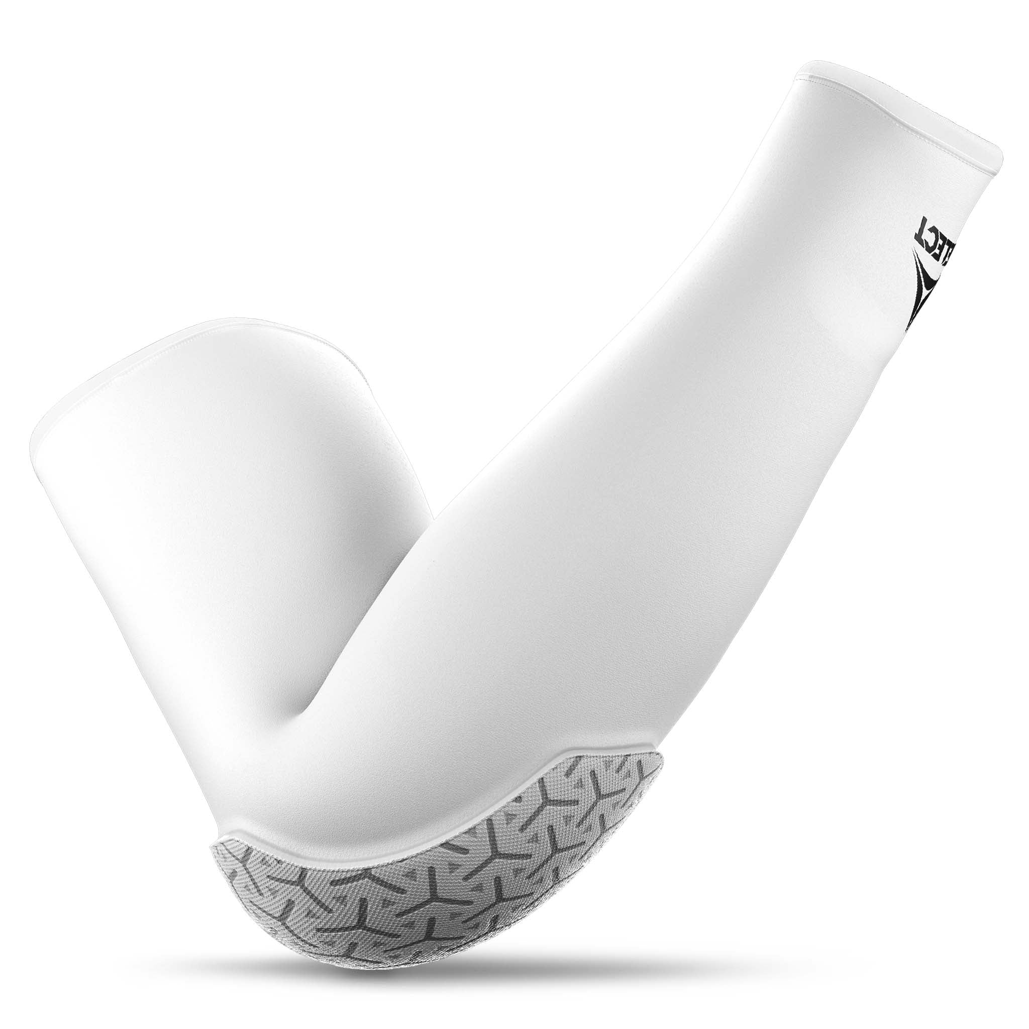 Hvit Compression elbow support long 6652, sportsstøtte, bakside med grått mønstret polstring.