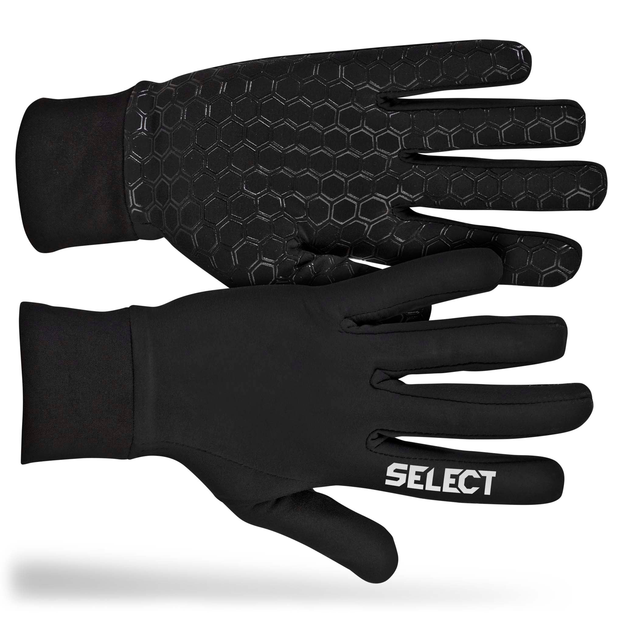Svarte Player gloves, tilbehør. For- og bakside med grep i håndflaten og Select-logo på mansjett.