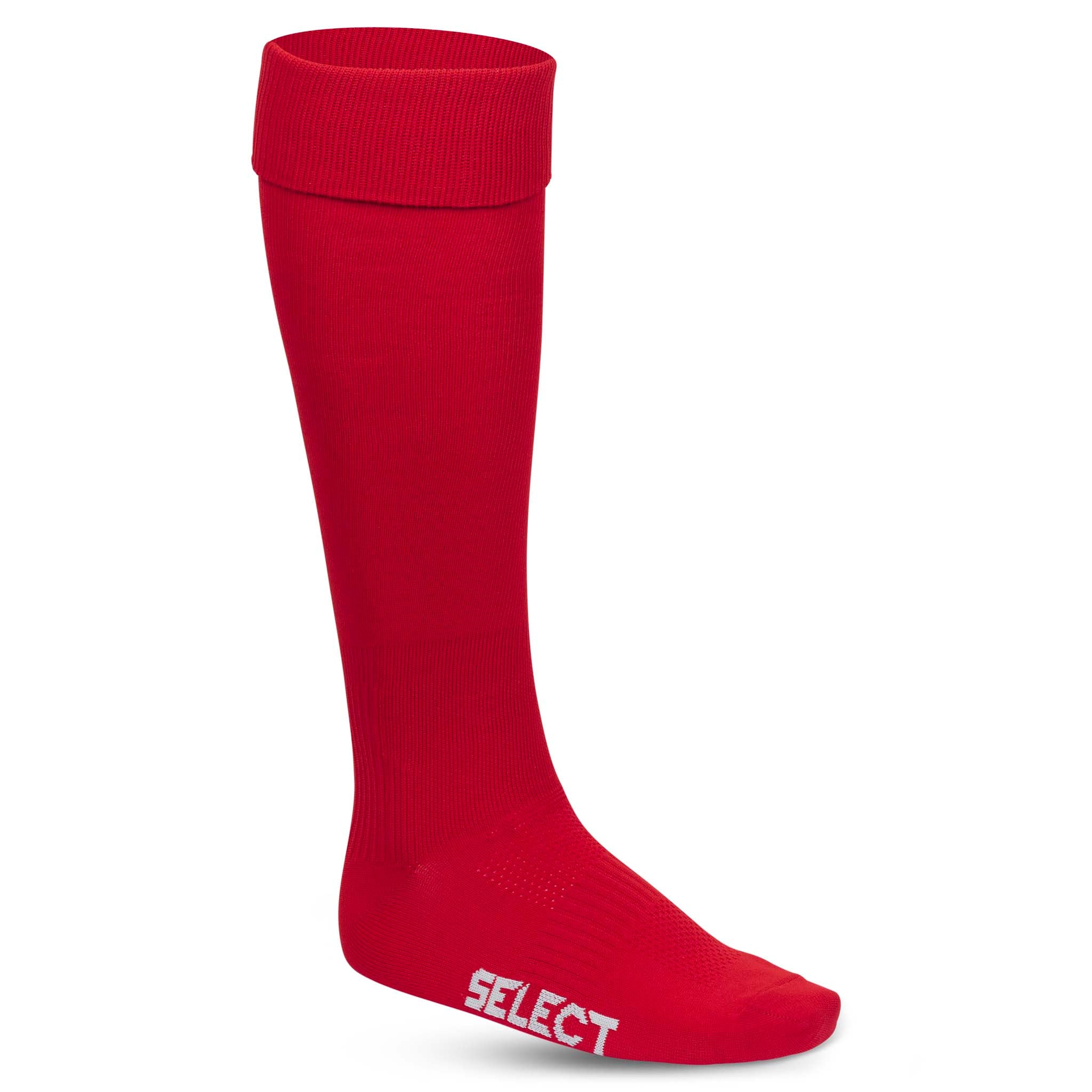 Forside av røde Football socks Club v22 accessories med hvit Select-logo.